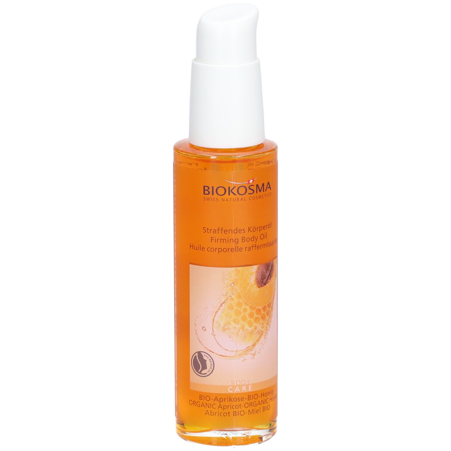 Body oil fles met doseerpomp. Oranje olie, etiket met tekst en logo. BIOKOSMA Swiss Natural Cosmetics.