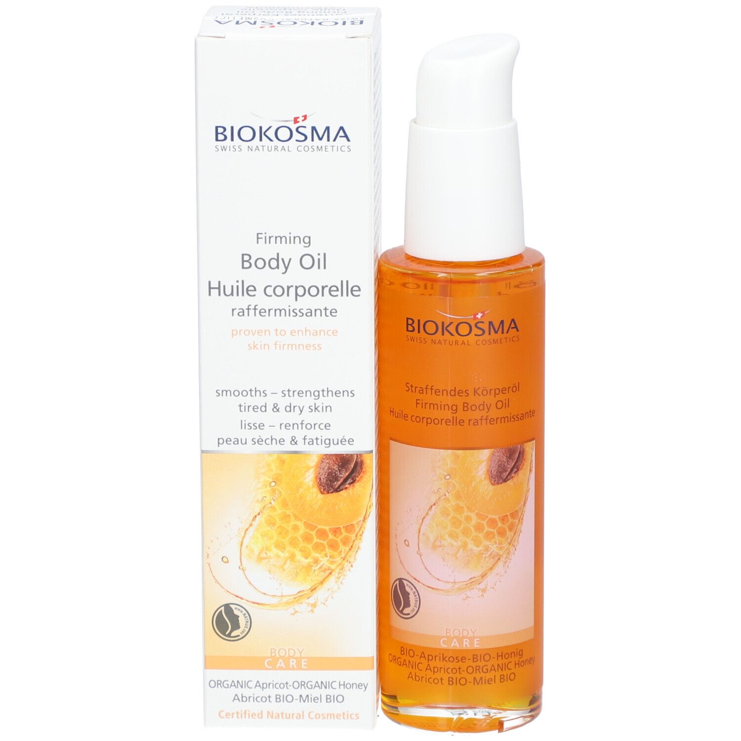Body oil fles en verpakking. Fles met doseerpomp. Verpakking met tekst en logo. BIOKOSMA Swiss Natural Cosmetics.