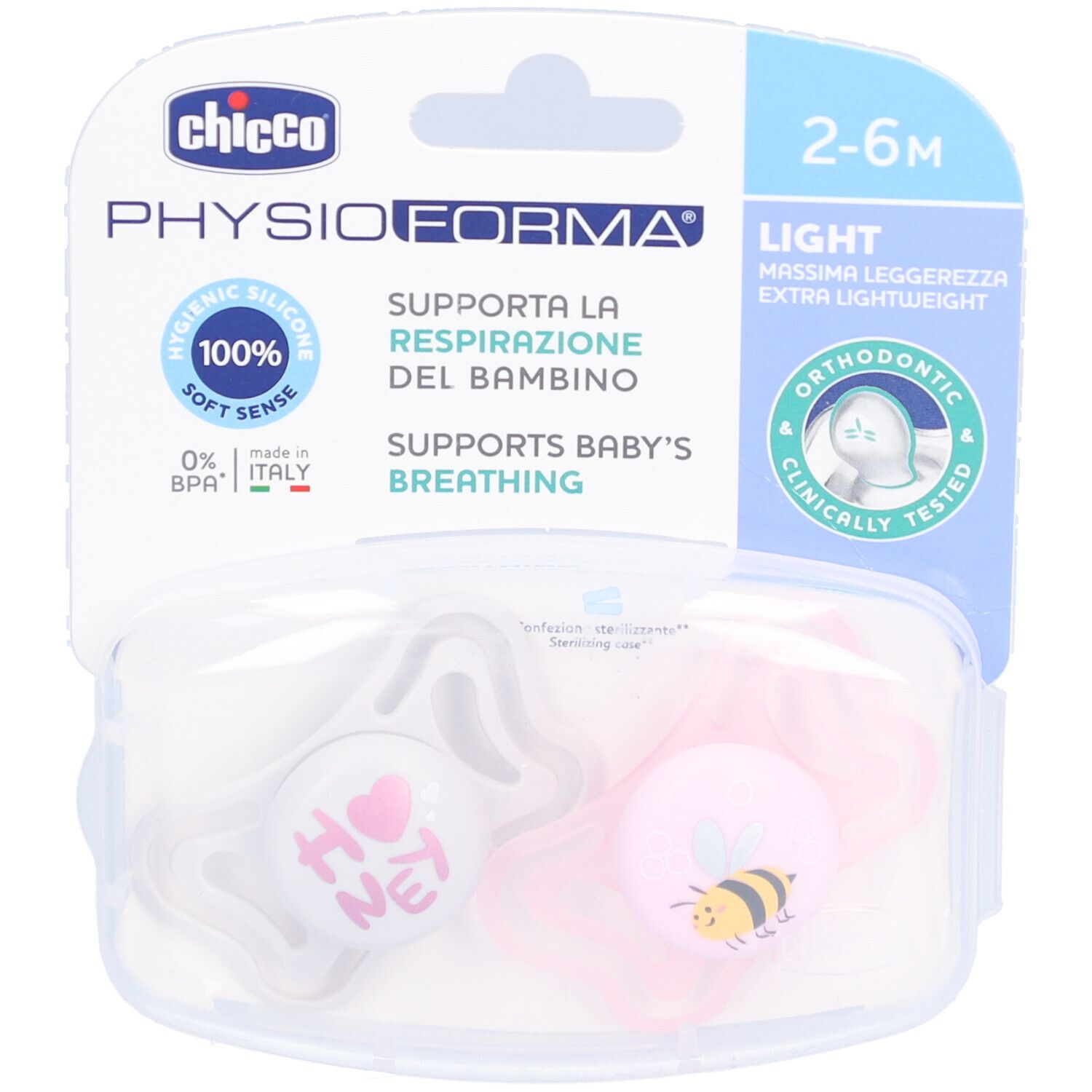Deux sucettes roses dans un emballage transparent. Marque CHICCO, inscription "PhysioForma". Recommandé pour 2-6 mois.