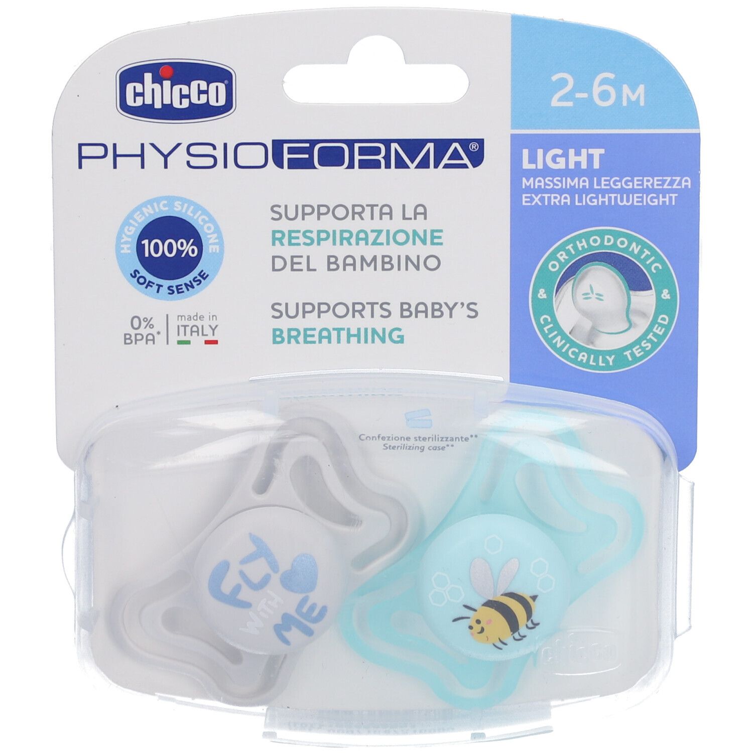 Twee fopspenen in plastic verpakking. Blauw en grijs. Opschrift: PhysioForma, 2-6M, 100% siliconen, BPA-vrij.