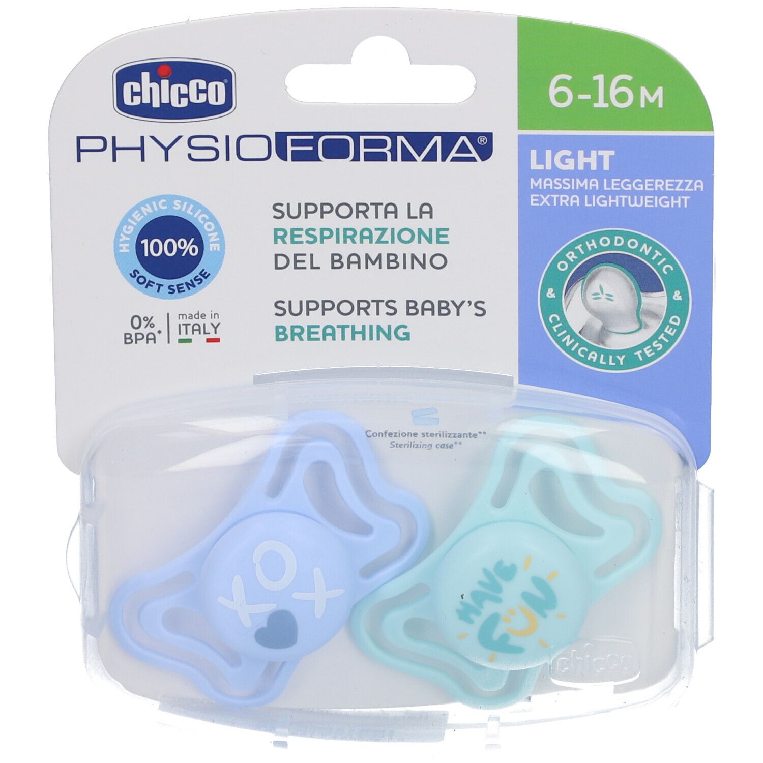 Deux sucettes bleues dans un emballage plastique. Inscription: PhysioForma, 6-16M, 100% Soft Sense, sans BPA. Orthodontique.