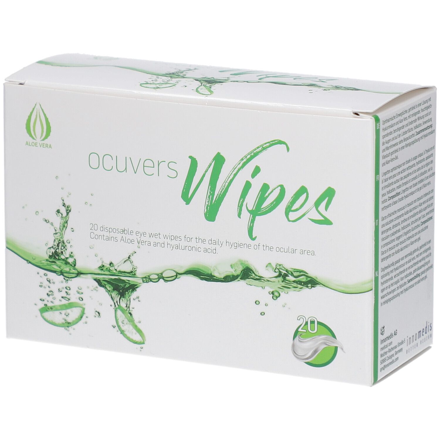 Witte doos met "ocuvers Wipes" logo en groene accenten. Bevat 20 vochtige doekjes. Aloe Vera logo.