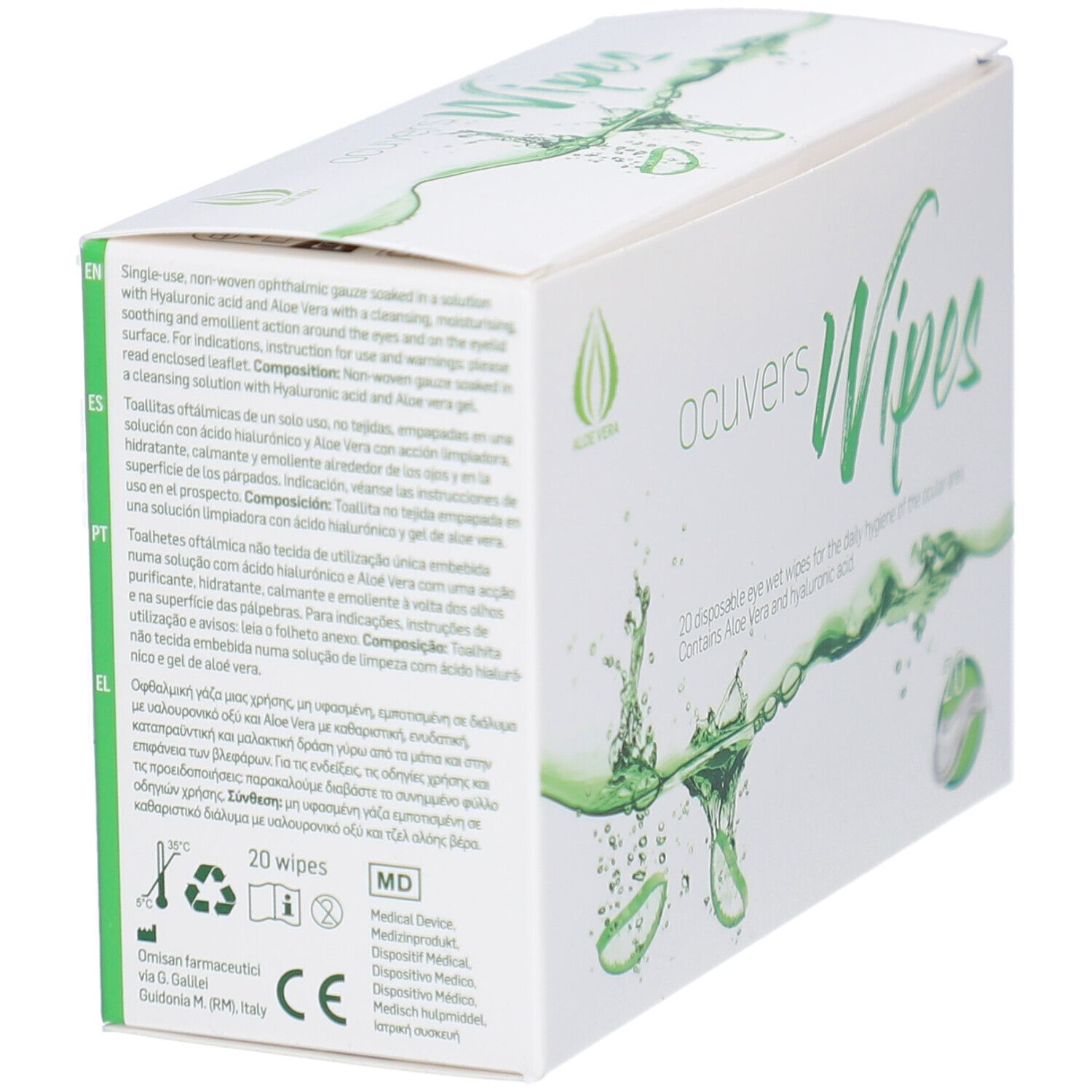 Doos "ocuvers Wipes" met meertalige tekst. Bevat 20 doekjes. CE-markering.