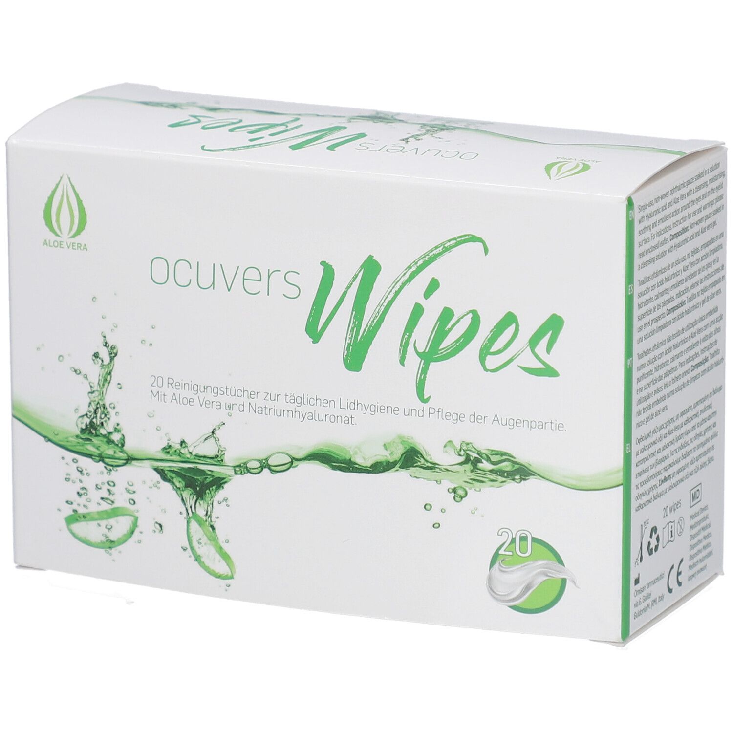 Witte doos met "ocuvers Wipes" logo en groene accenten. Bevat 20 reinigingsdoekjes. Aloe Vera logo.