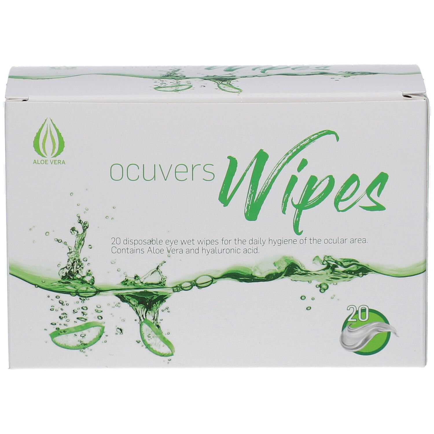 Witte doos met "ocuvers Wipes" logo en groene accenten. Bevat 20 vochtige doekjes. Aloe Vera logo.