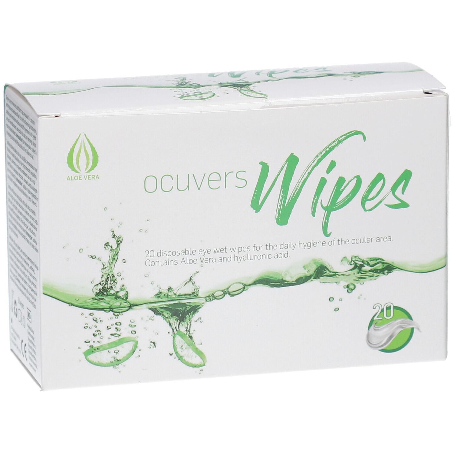 Witte doos met "ocuvers Wipes" logo en groene accenten. Bevat 20 vochtige doekjes. Aloe Vera logo.