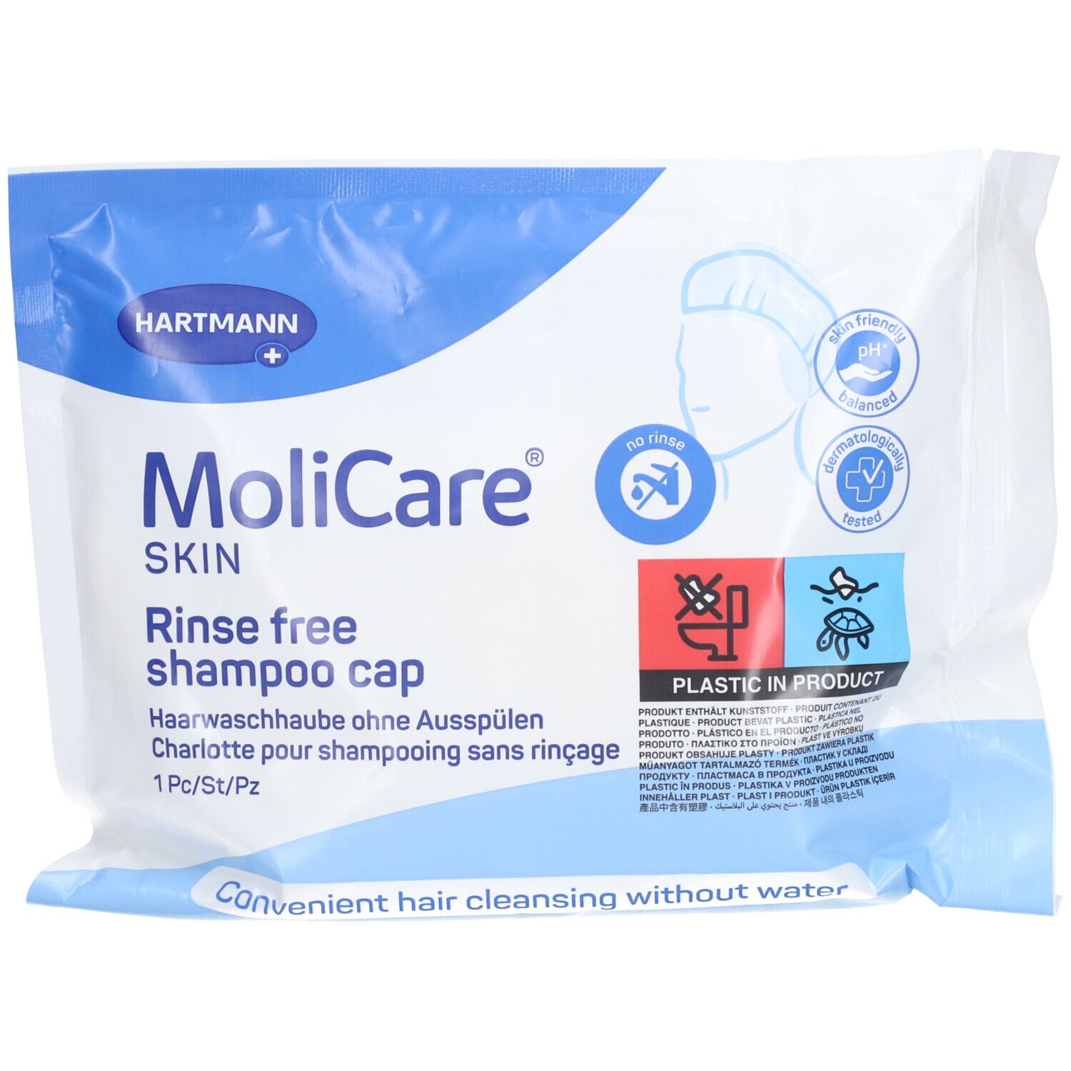 Verpakking van MoliCare Skin Rinse free Shampoo Cap. Blauw-witte verpakking met productinformatie en logo.
