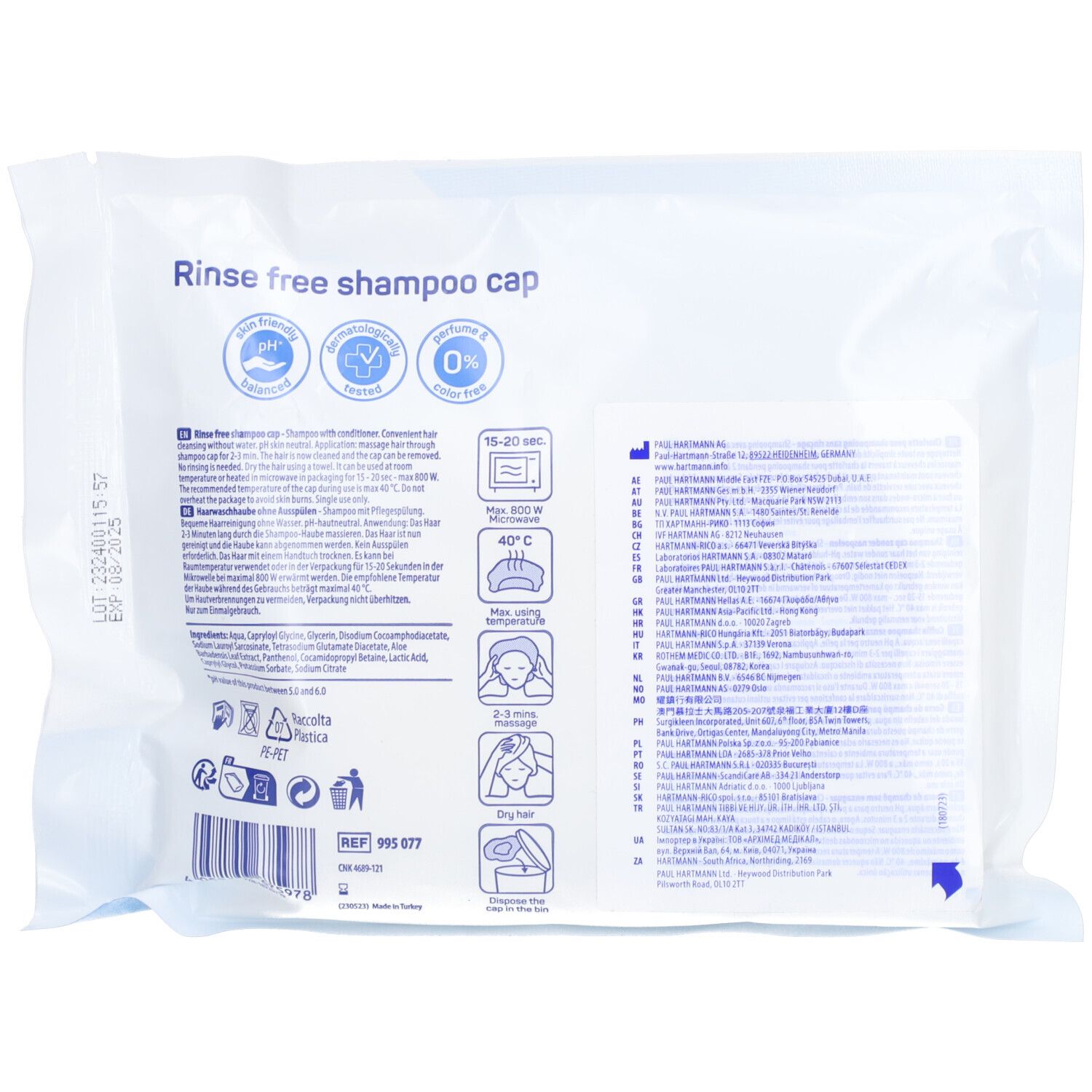 Achterkant van de verpakking van MoliCare Skin Rinse free Shampoo Cap. Bevat informatie, pictogrammen en barcode.