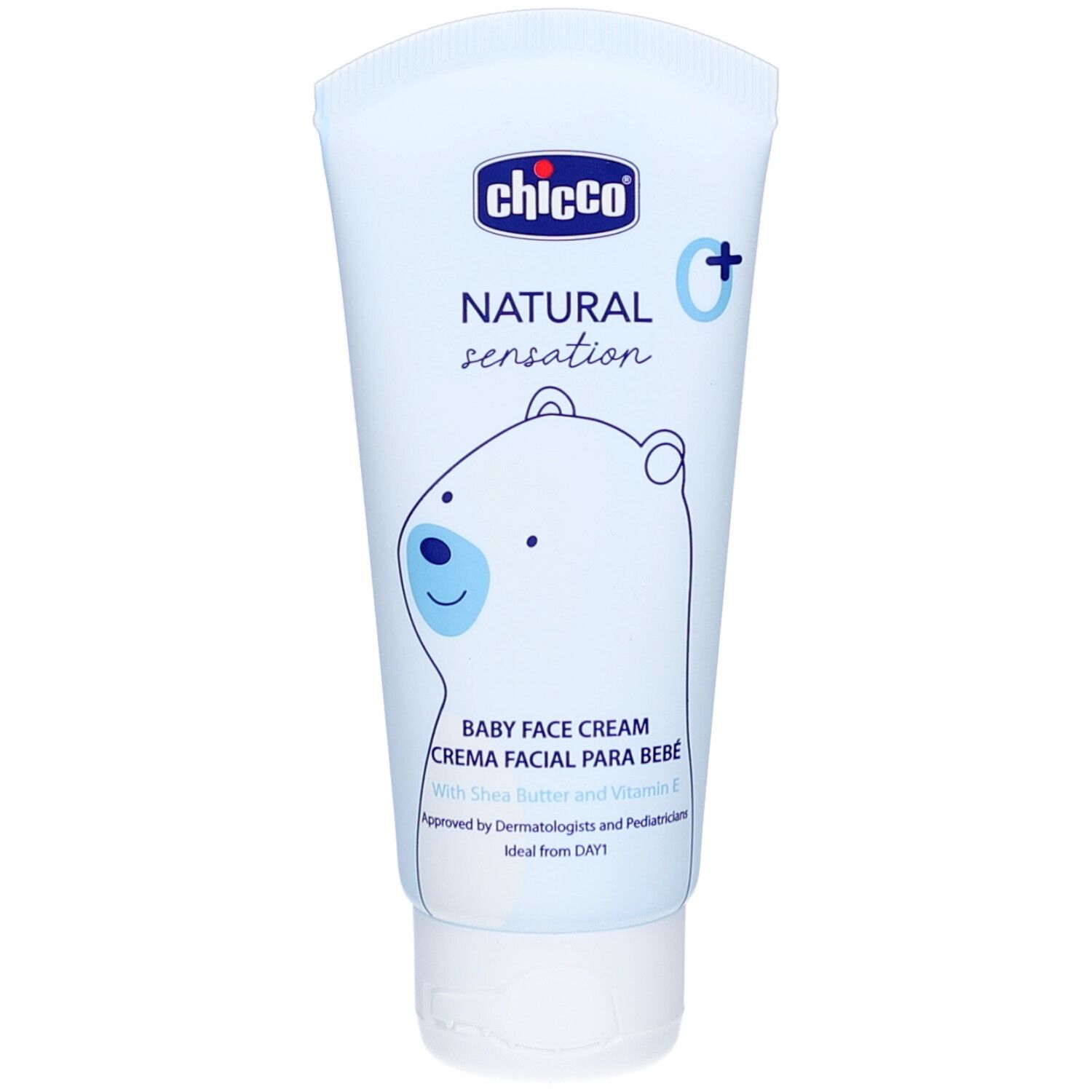 Lichtblauwe tube met witte dop. Opschrift: Chicco, Natural Sensation, Baby Face Cream. Illustratie van een beer. Met shea butter en vitamine E.