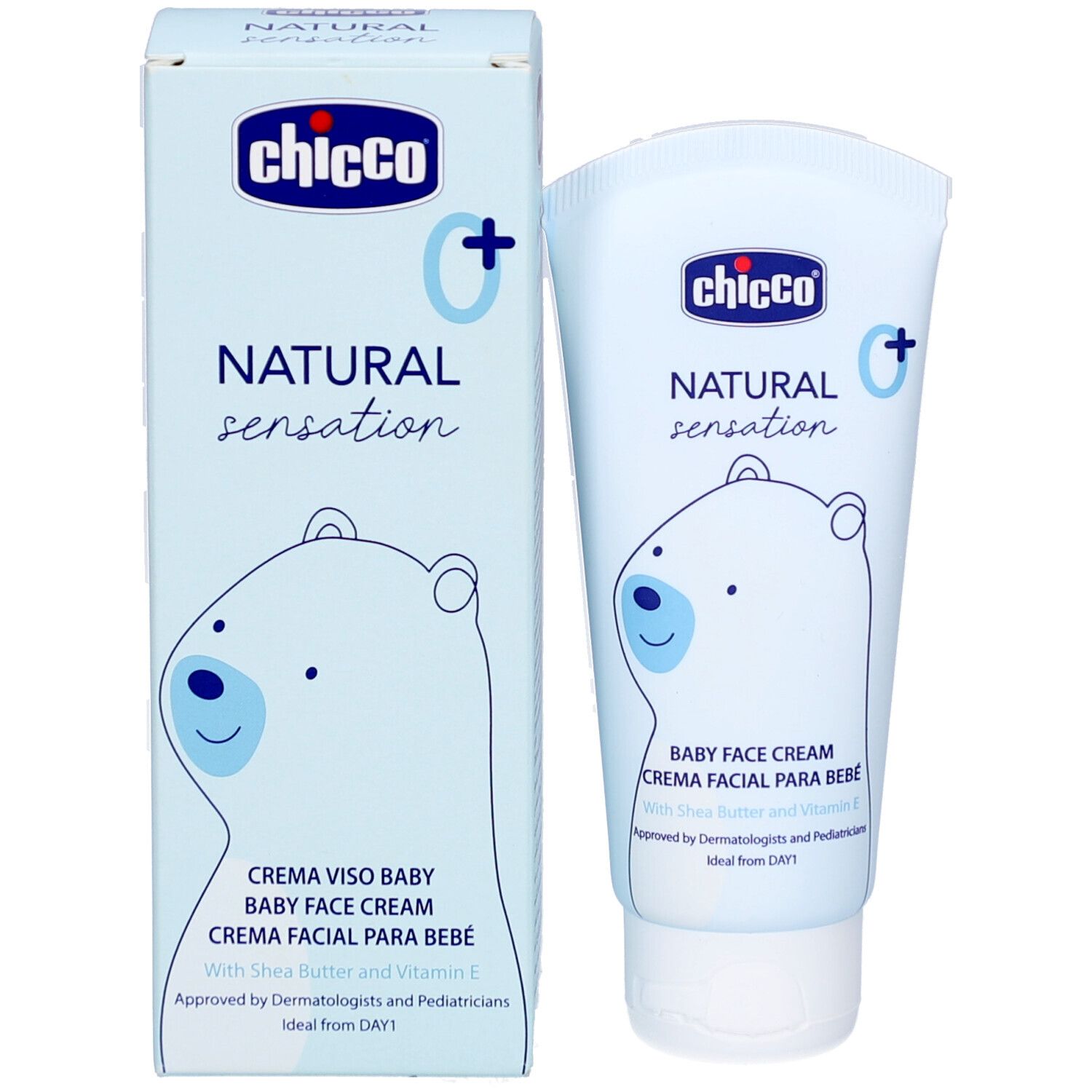 Lichtblauwe verpakking en tube. Opschrift: Chicco, Natural Sensation, Baby Face Cream. Illustratie van een beer. Met shea butter en vitamine E.