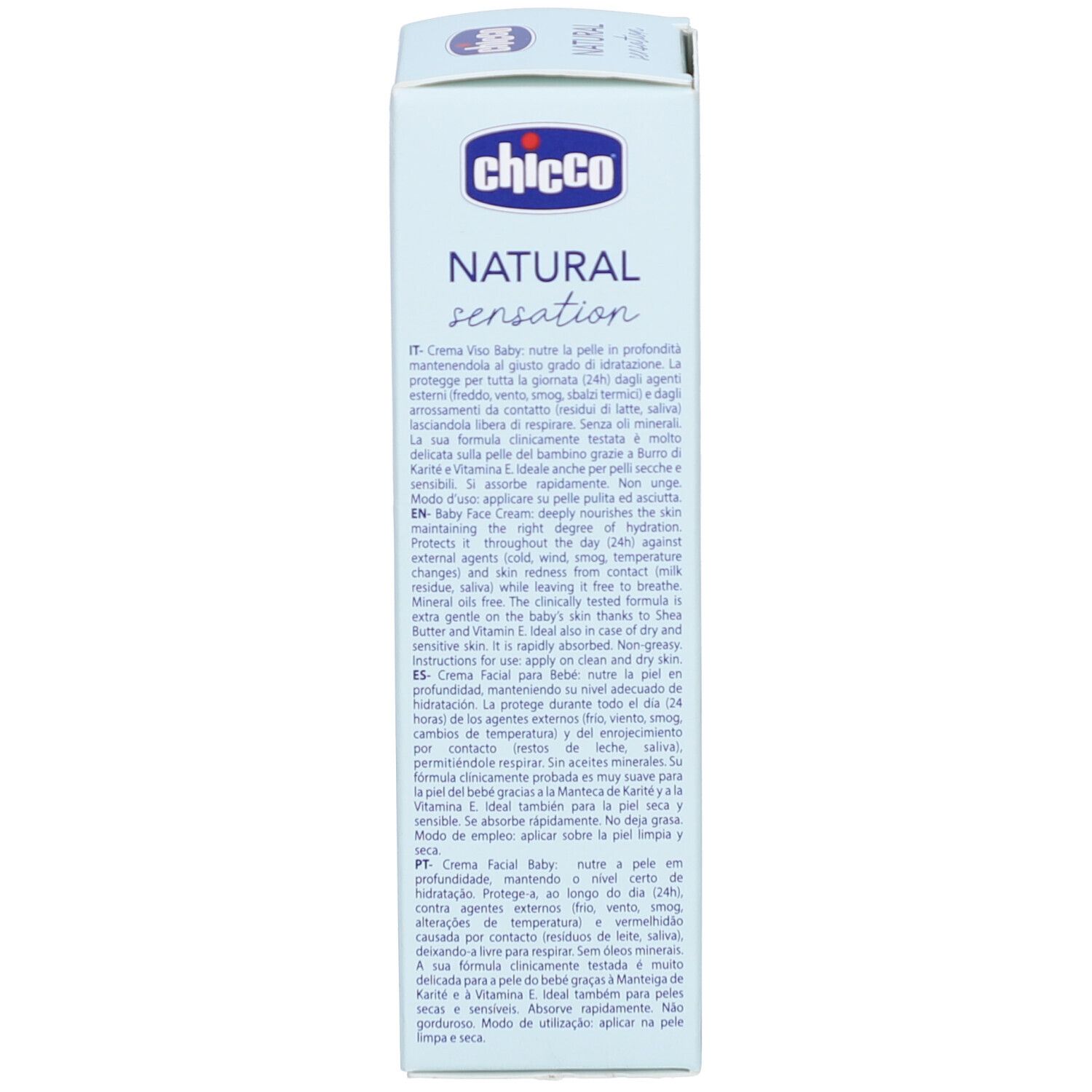 Achterkant van de lichtblauwe verpakking. Tekst in meerdere talen. Bevat informatie over het product en ingrediënten.