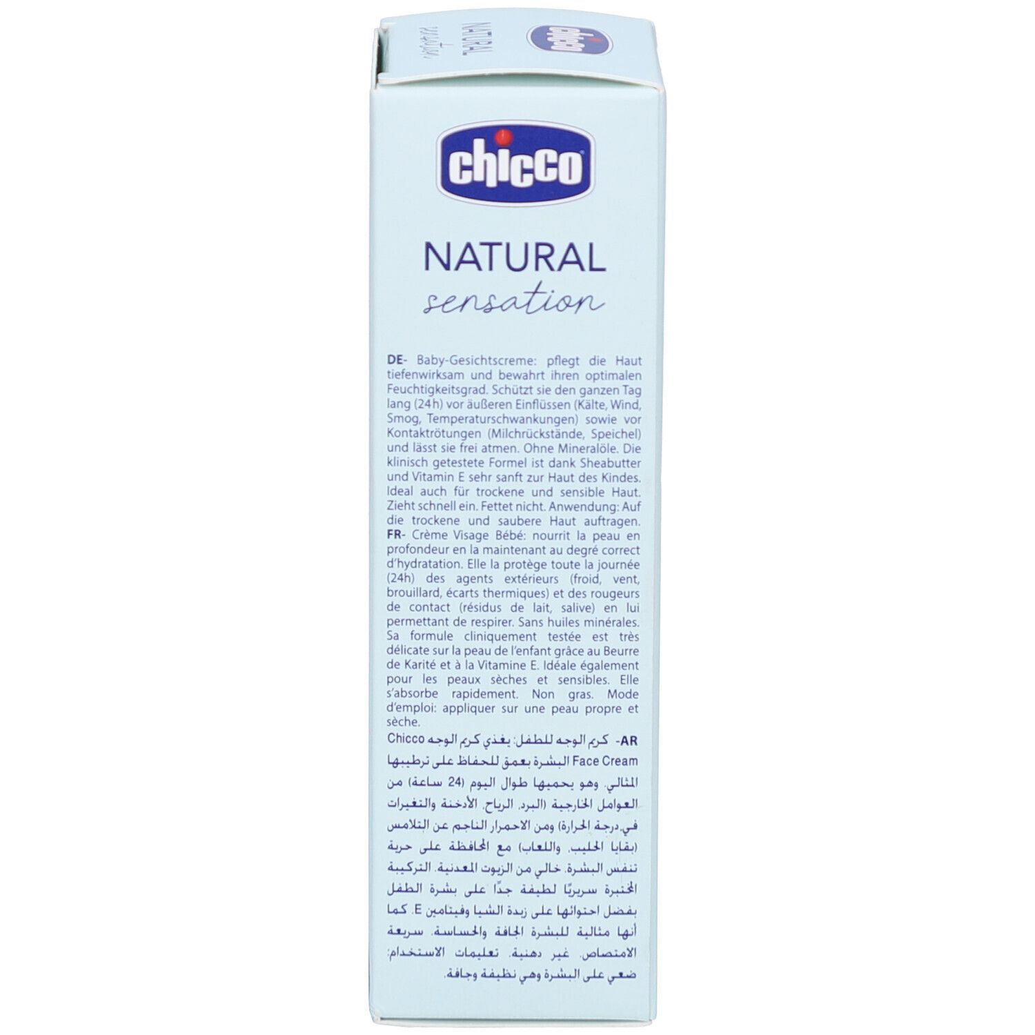 Zijkant van de lichtblauwe verpakking. Tekst in meerdere talen. Bevat informatie over het product en gebruik.