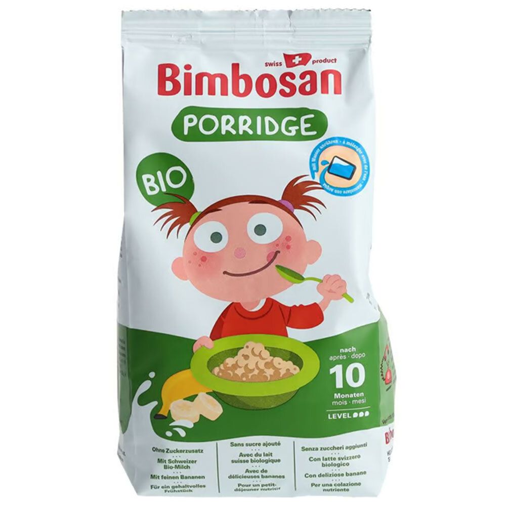 Sachet Bimbosan Bio-Porridge avec motif enfant et bananes. Pour bébés dès 10 mois.