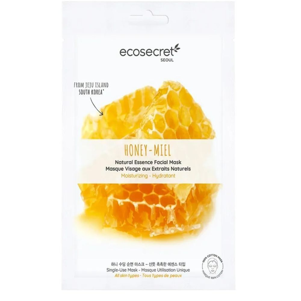 Masque facial avec motif miel. Emballage avec nom du produit et texte multilingue. Contient des rayons de miel.