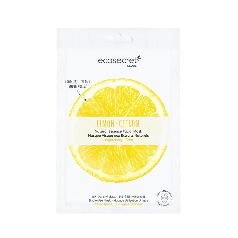 Gezichtsmasker in witte verpakking met citroenmotief. Tekst: LEMON-CITRON, ecosecret, Natural Essence Facial Mask.