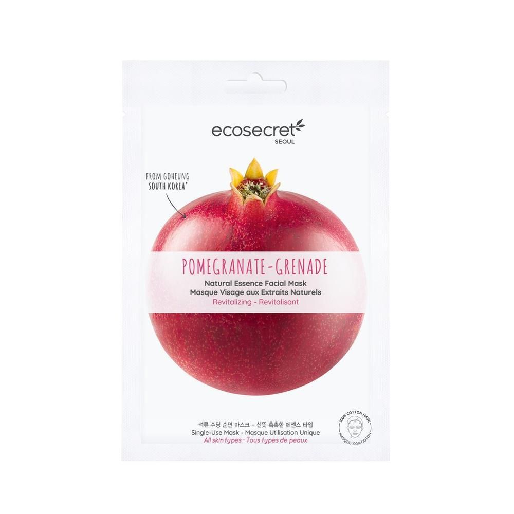 Masque facial emballé blanc avec illustration de grenade. Texte: Pomegranate-Grenade, Natural Essence Facial Mask, ecosecret.