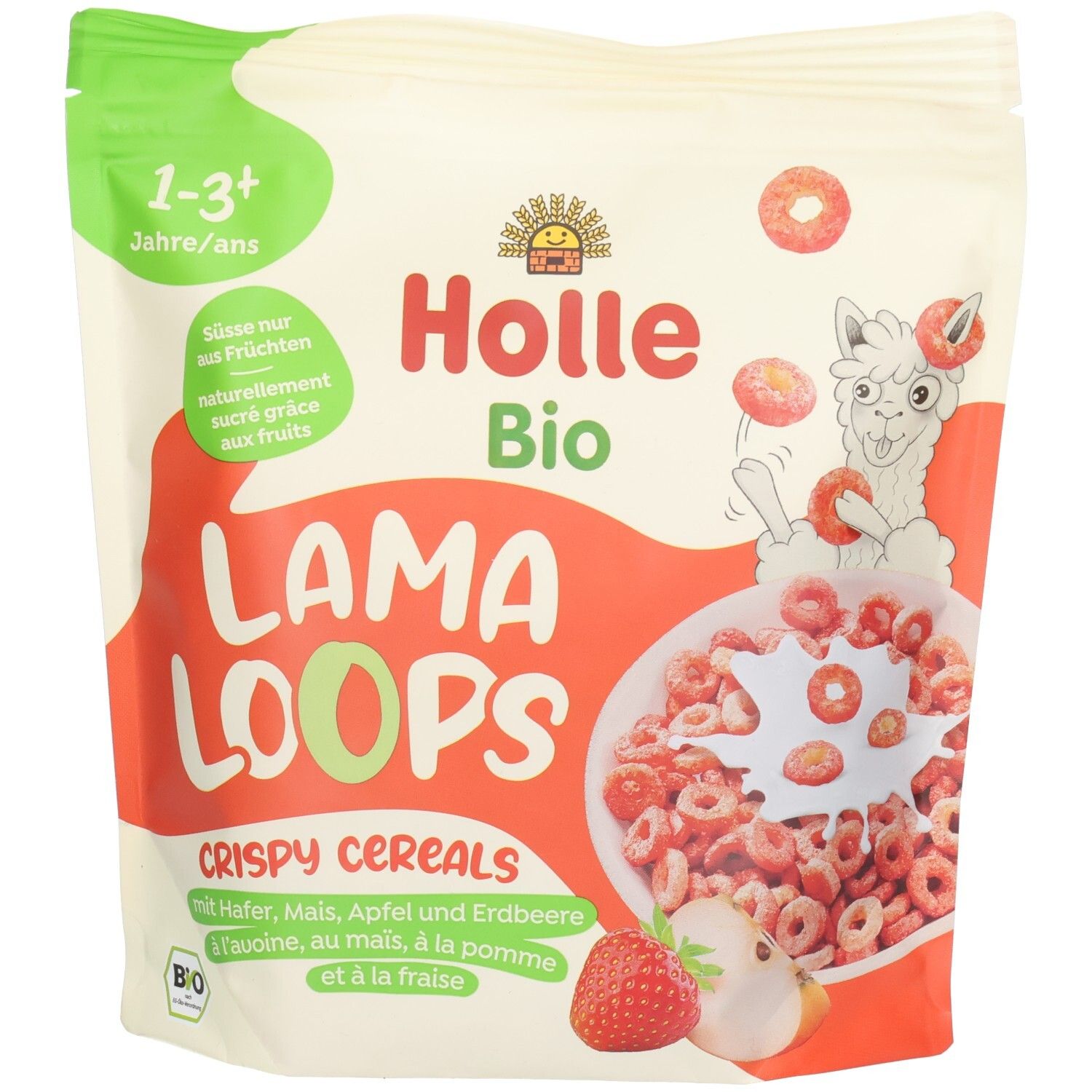 Avant d'un paquet de céréales croustillantes Holle Bio Lama Loops aux flocons d'avoine, pomme et fraise.