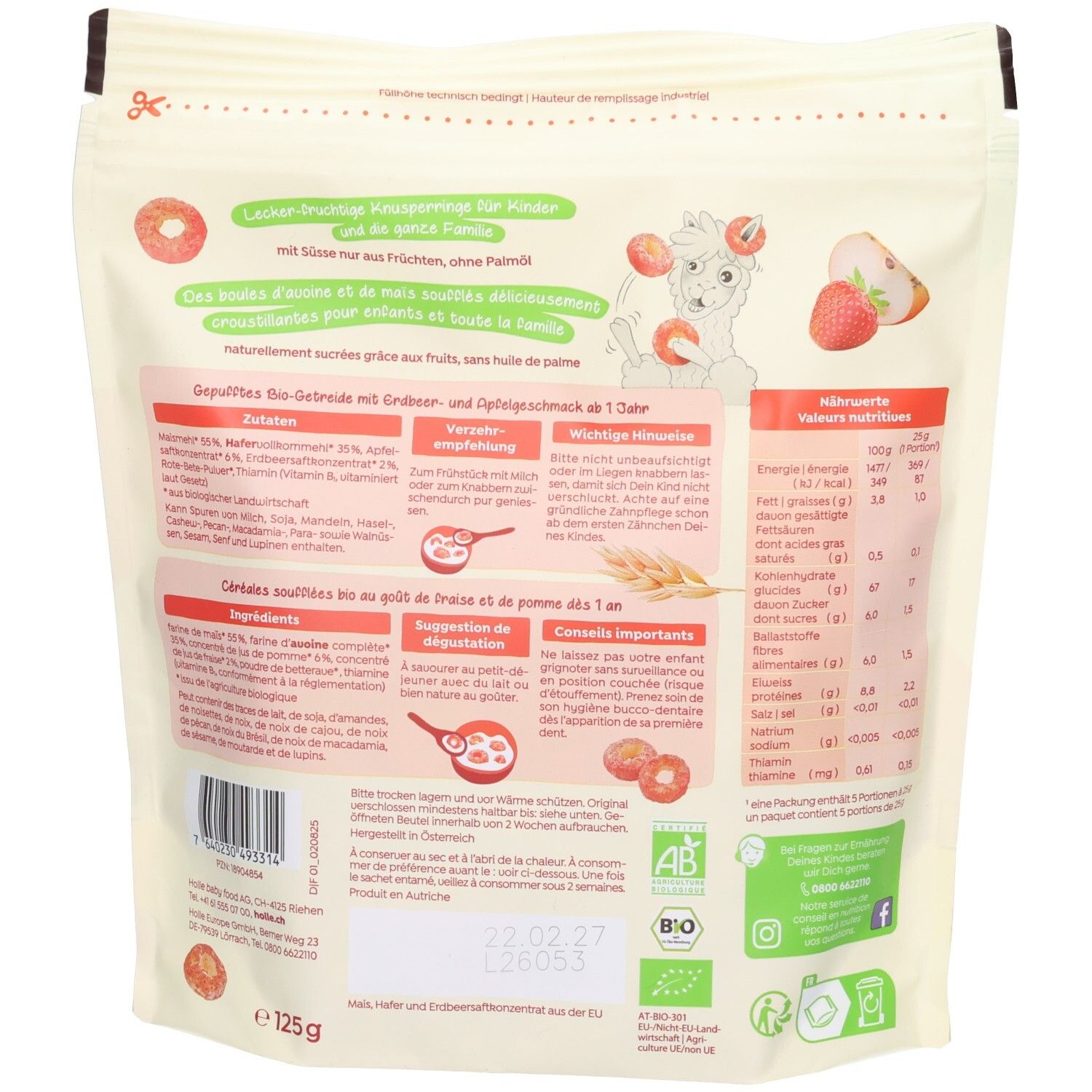 Arrière d'un paquet de céréales croustillantes Holle Bio Lama Loops avec tableau nutritionnel et liste des ingrédients.