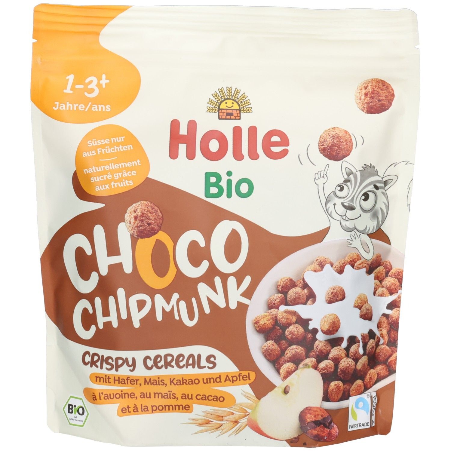 Holle Bio Choco Chipmunk Crispy Cereals sachet avec illustration d'écureuil et céréales.