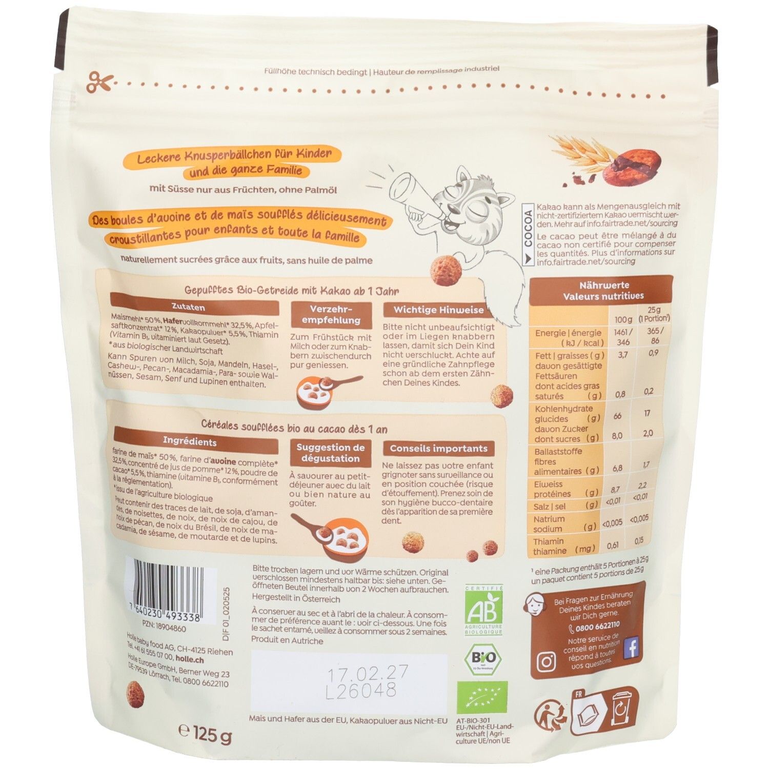 Dos du sachet Holle Bio Choco Chipmunk Crispy Cereals avec informations nutritionnelles et ingrédients.