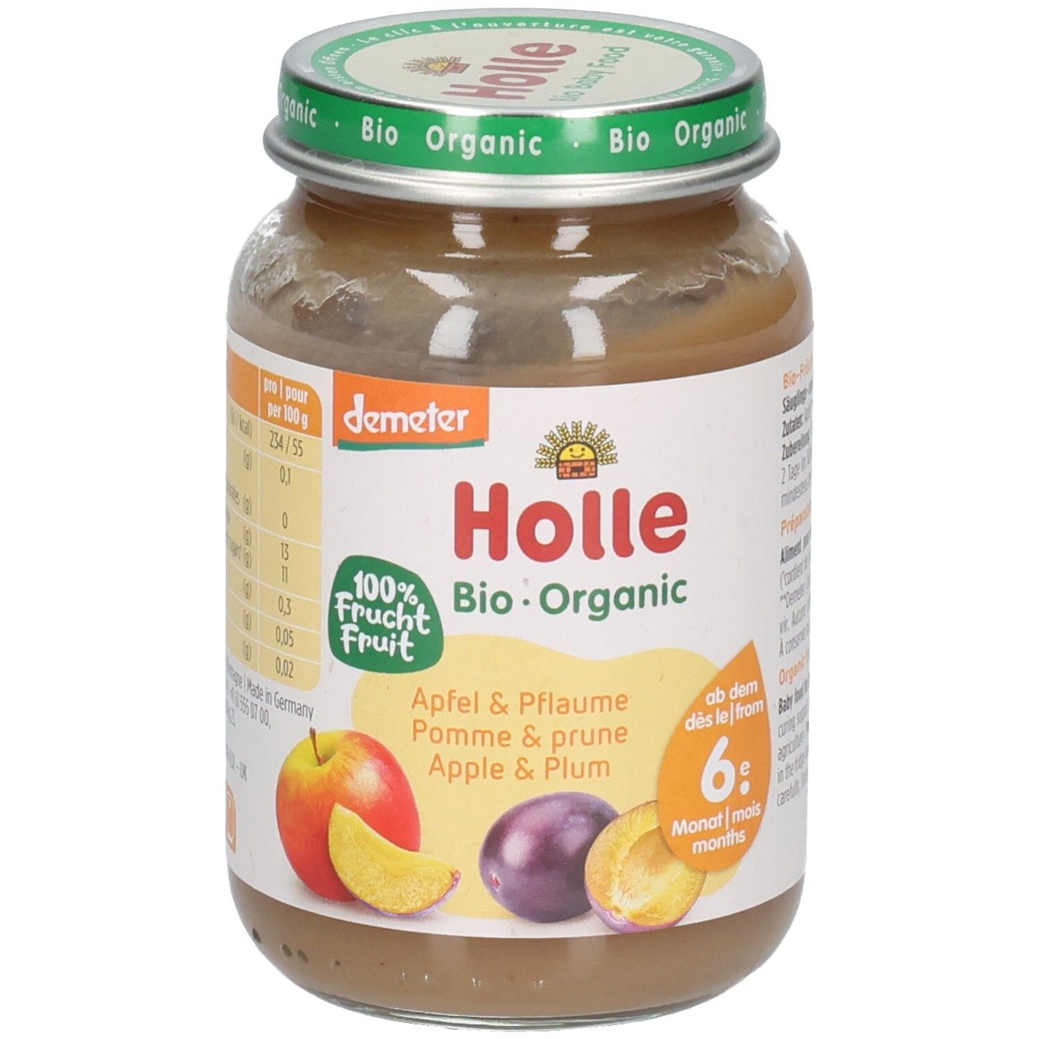 Compote bio Holle Pomme & pruneau en pot. Avec morceaux de pomme et de prune.