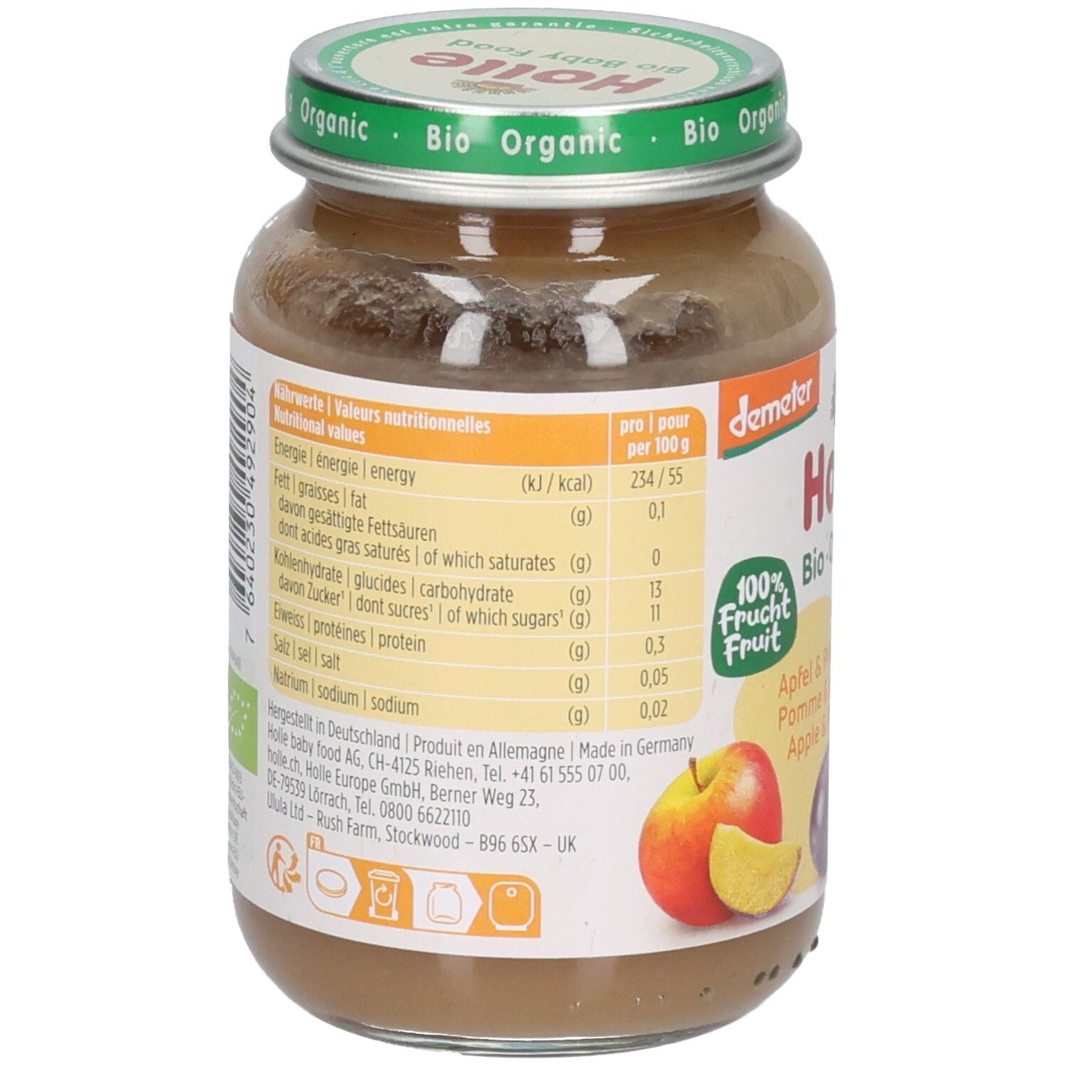 Arrière d'un pot de compote bio Holle Pomme & pruneau avec informations nutritionnelles.