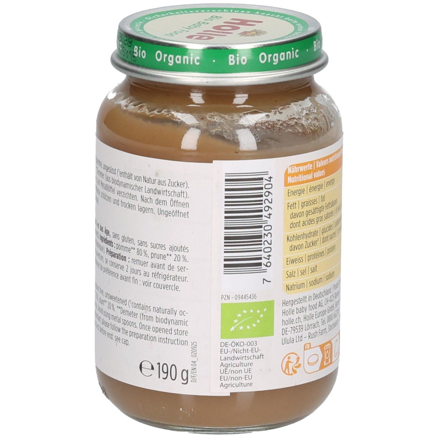 Arrière d'un pot de compote bio Holle Pomme & pruneau avec liste d'ingrédients et EAN.