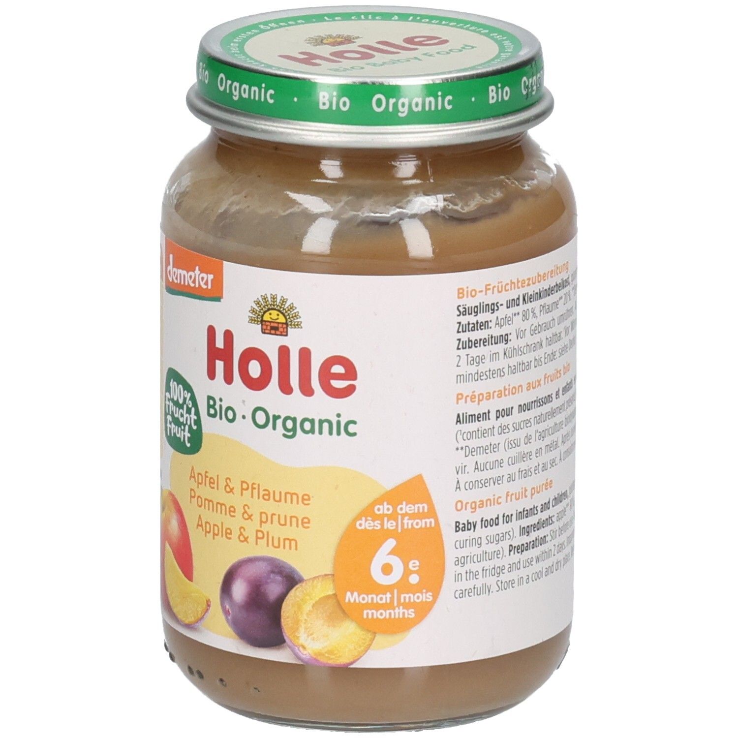 Compote bio Holle Pomme & pruneau en pot, dès 6 mois. Avec morceaux de pomme et de prune.