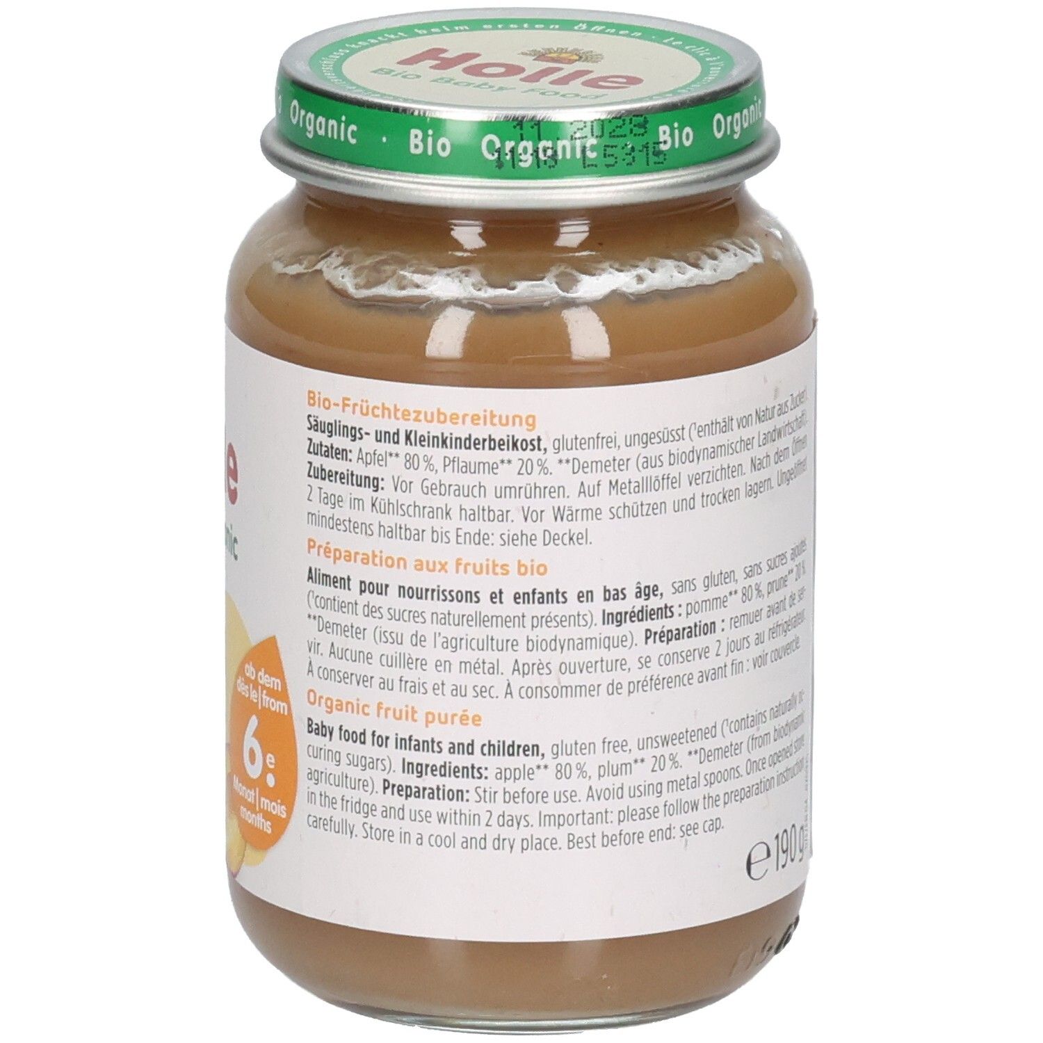 Arrière d'un pot de compote bio Holle Pomme & pruneau avec instructions de préparation.