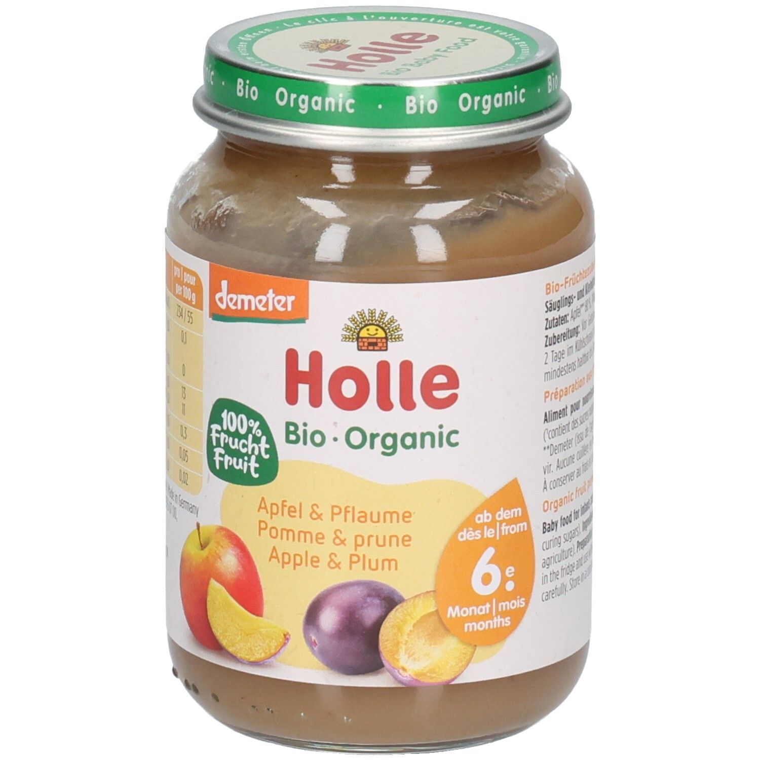 Compote bio Holle Pomme & pruneau en pot. Avec morceaux de pomme et de prune. Sceau Demeter.