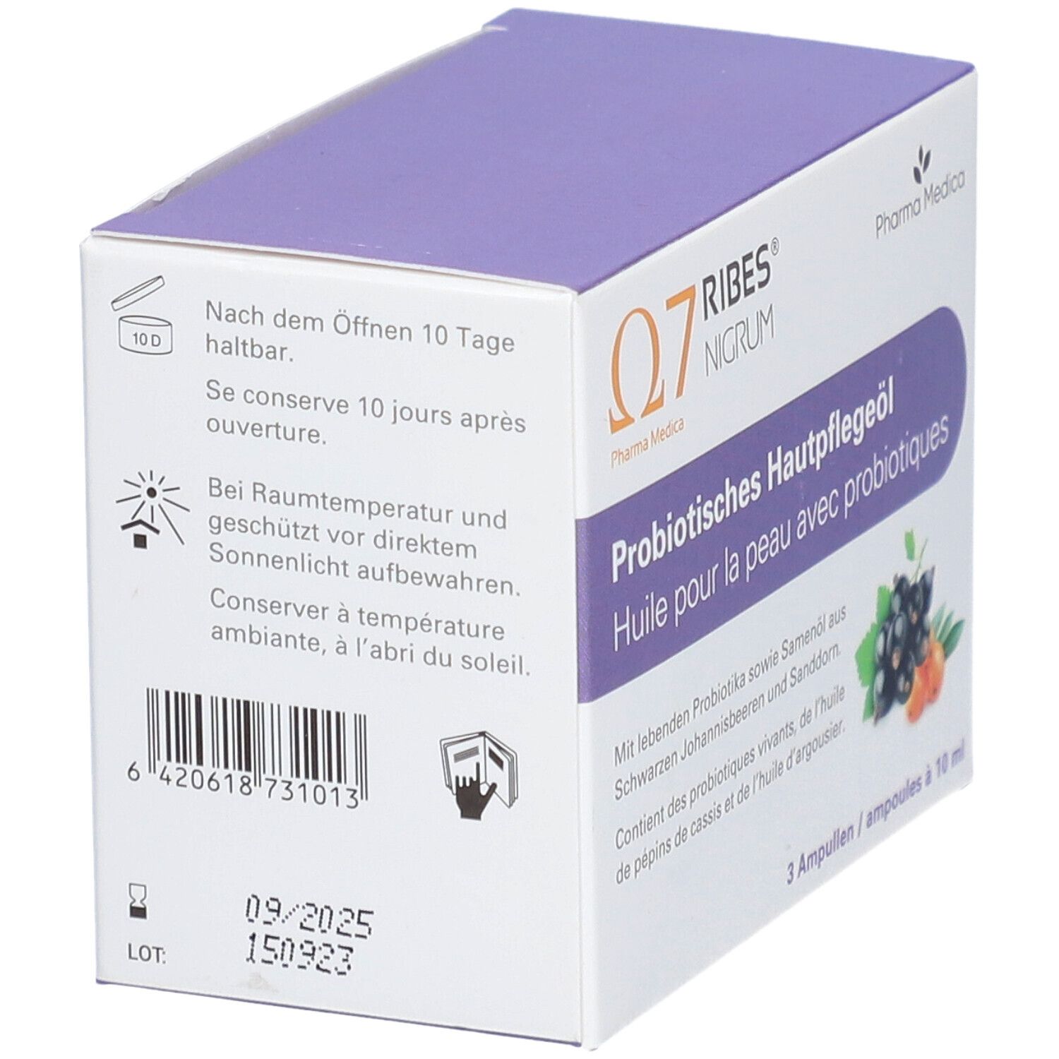 Doos, zijaanzicht. O7 RIBES NIGRUM, Probiotische huidverzorgingsolie. Houdbaarheid na opening. Streepjescode en lotnummer.