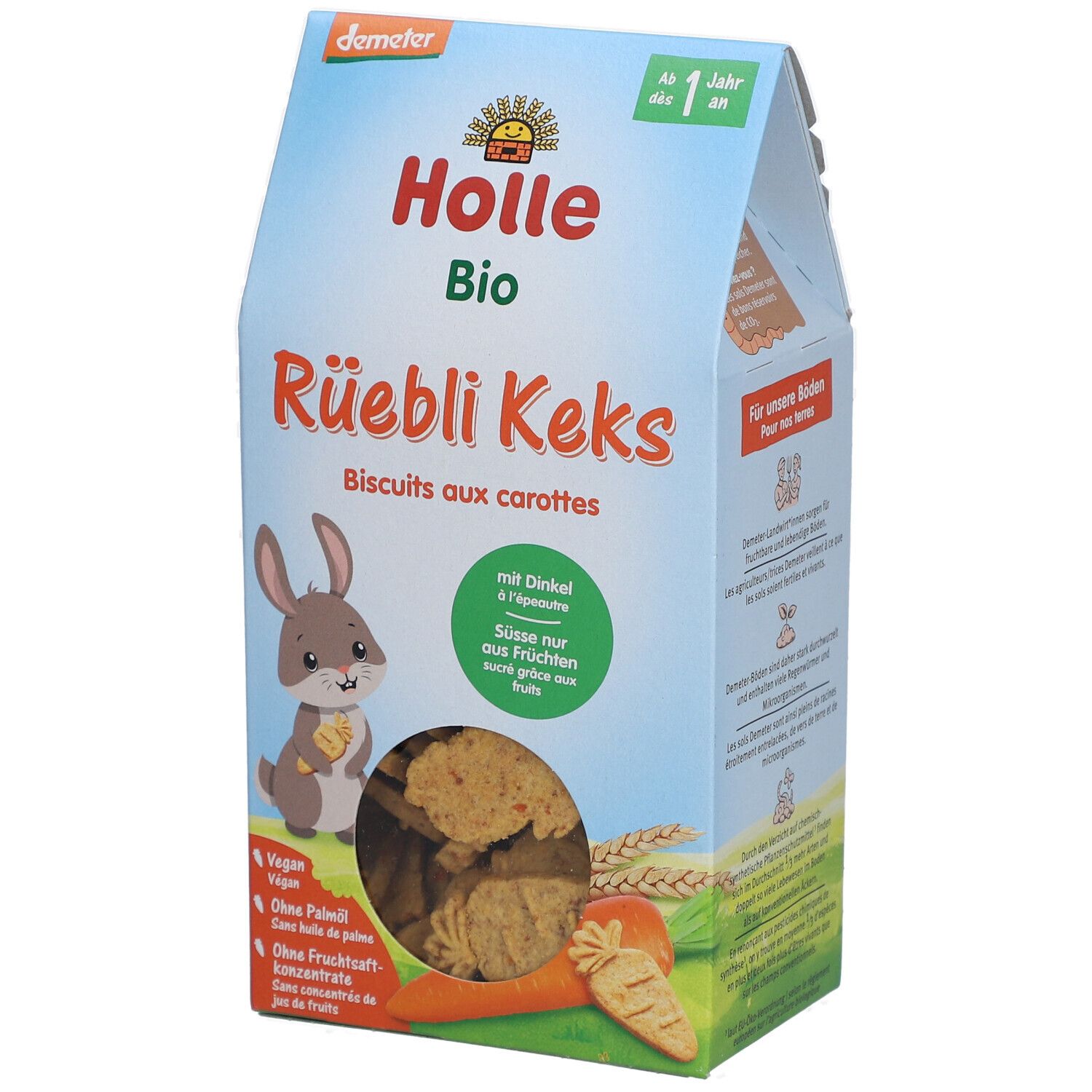 Paquet de Holle Bio-Rüebli Keks. Face avant avec nom du produit, logo et illustration d'un lapin avec une carotte.