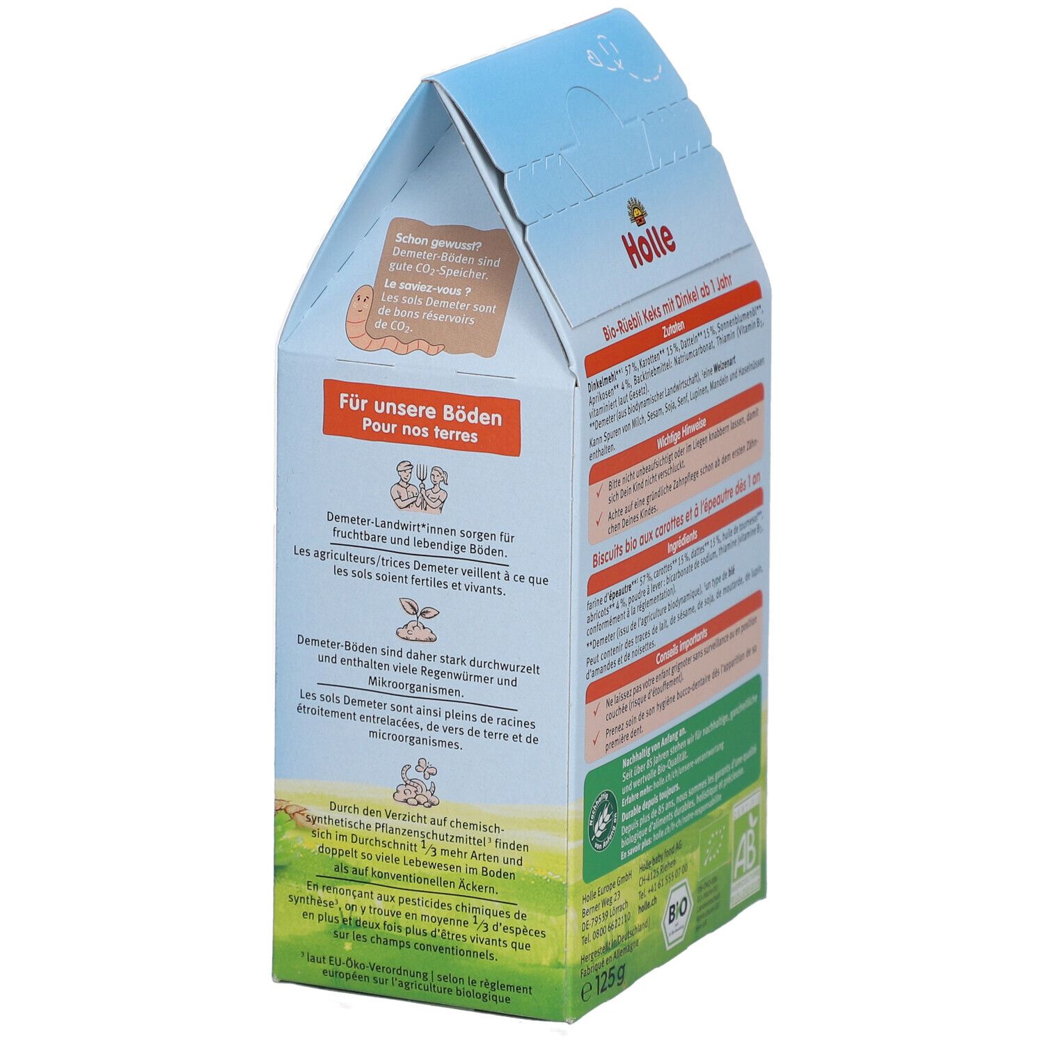 Côté du paquet Holle Bio-Rüebli Keks. Texte sur l'agriculture Demeter et label bio.