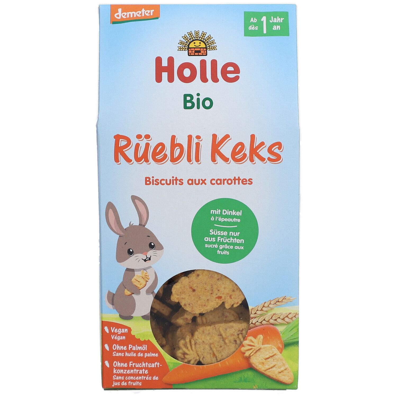 Face avant du paquet Holle Bio-Rüebli Keks. Nom du produit, logo, illustration d'un lapin et biscuits.