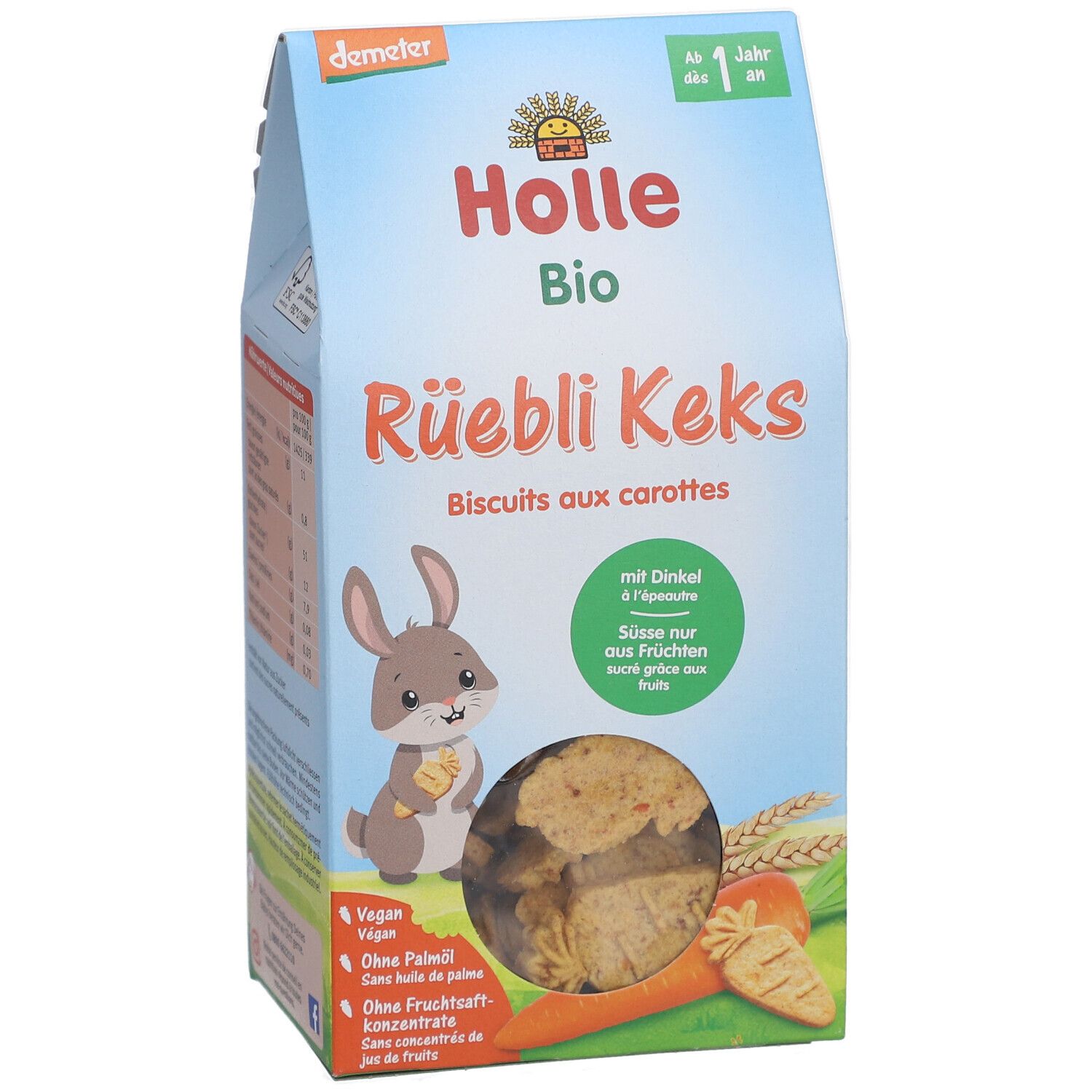 Face avant du paquet Holle Bio-Rüebli Keks. Nom du produit, logo, illustration d'un lapin et biscuits.