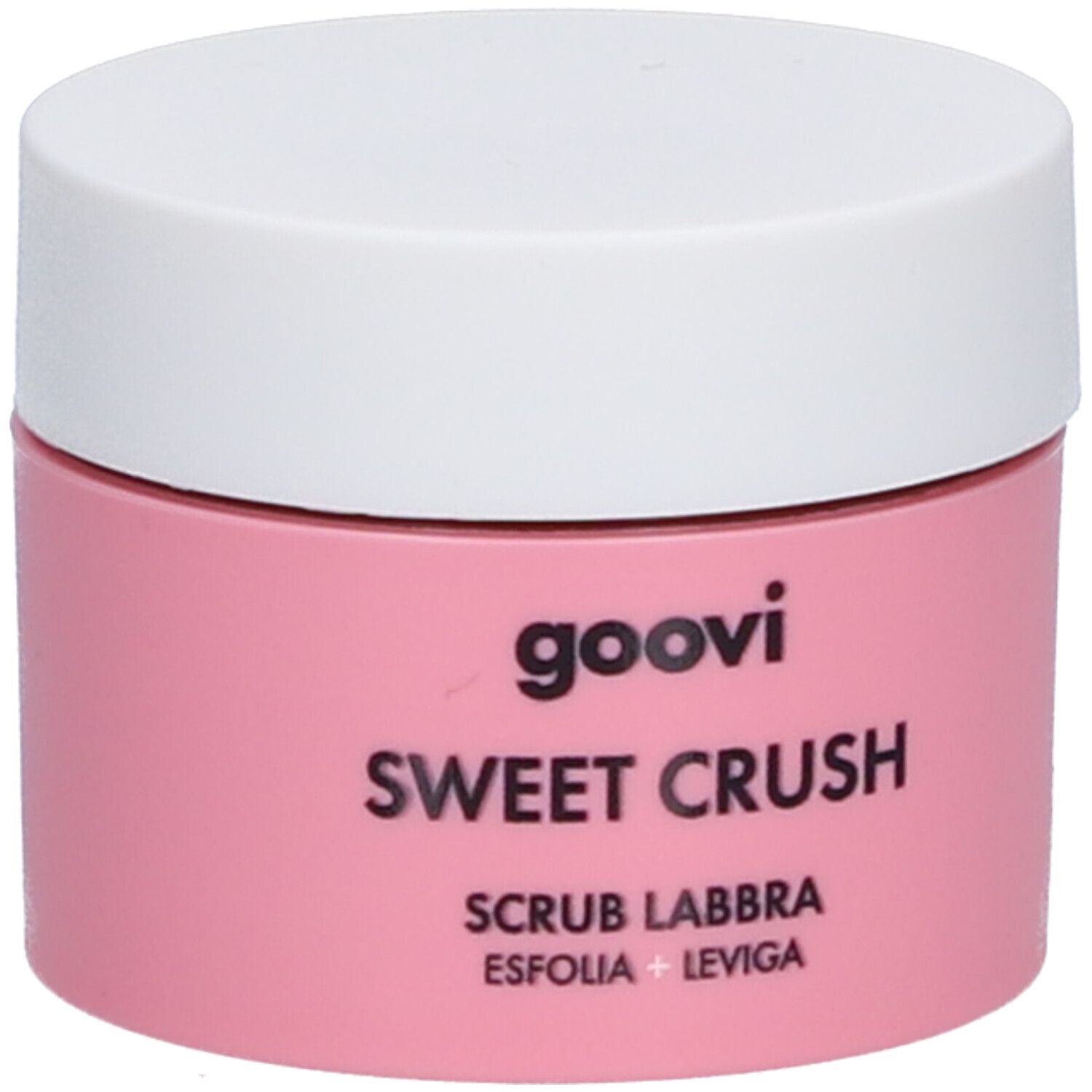 Goovi Sweet Crush Scrub Labbra dans un pot rose avec couvercle blanc. Inscriptions : "goovi", "SWEET CRUSH", "SCRUB LABBRA", "ESFOLIA + LEVIGA".