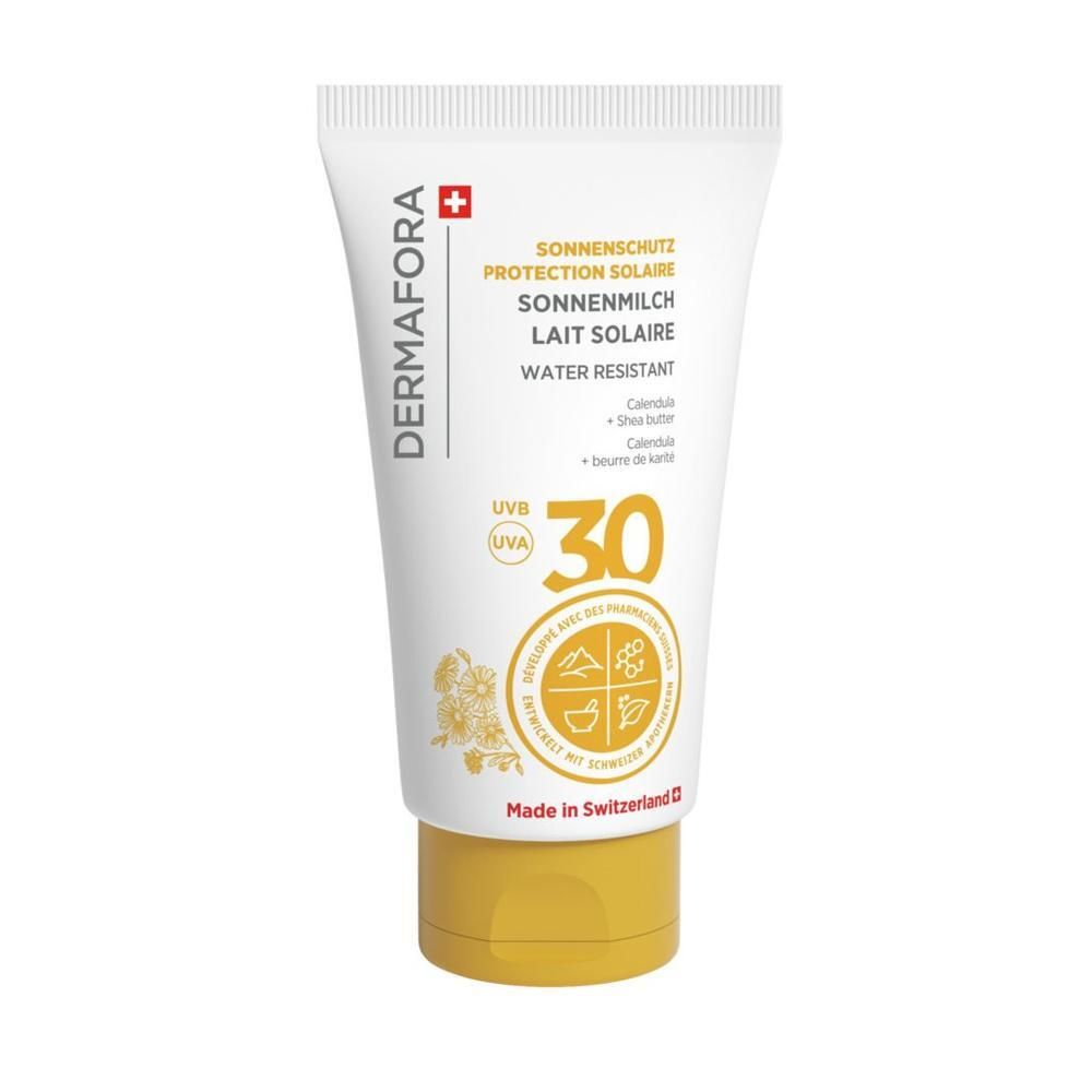 Witte tube met gele dop. Opschrift: DERMAFORA Sonnenschutzmilch LSF 30. Zwitsers kruis. UVB/UVA-logo.