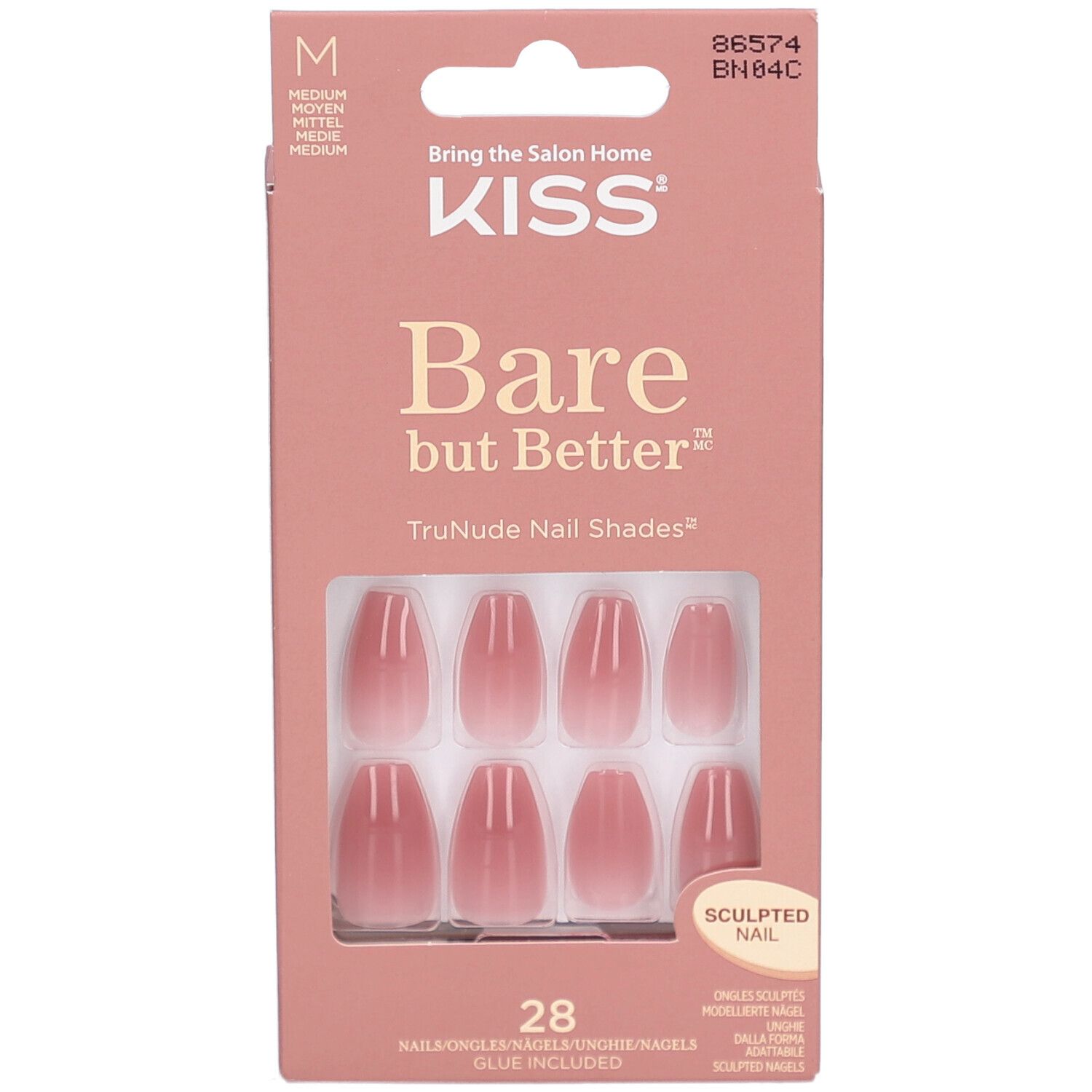 Faux ongles KISS Bare but Better, 28 pièces, design ombré, ongles sculptés.