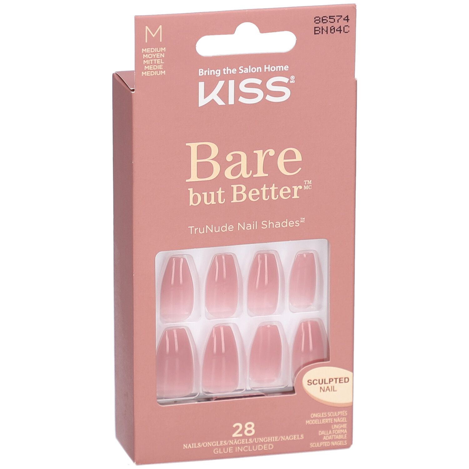 KISS Bare but Better TruNude Faux Ongles, Taille M, 28 pièces, Ongles Sculptés.