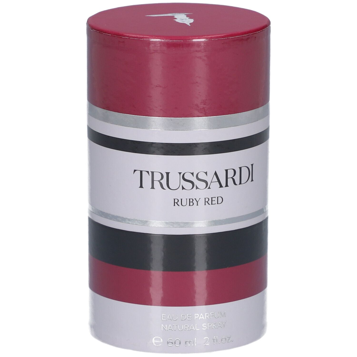 Trussardi Ruby Red Eau de Parfum Naturspray dans un emballage cylindrique avec des rayures rouges et argentées.