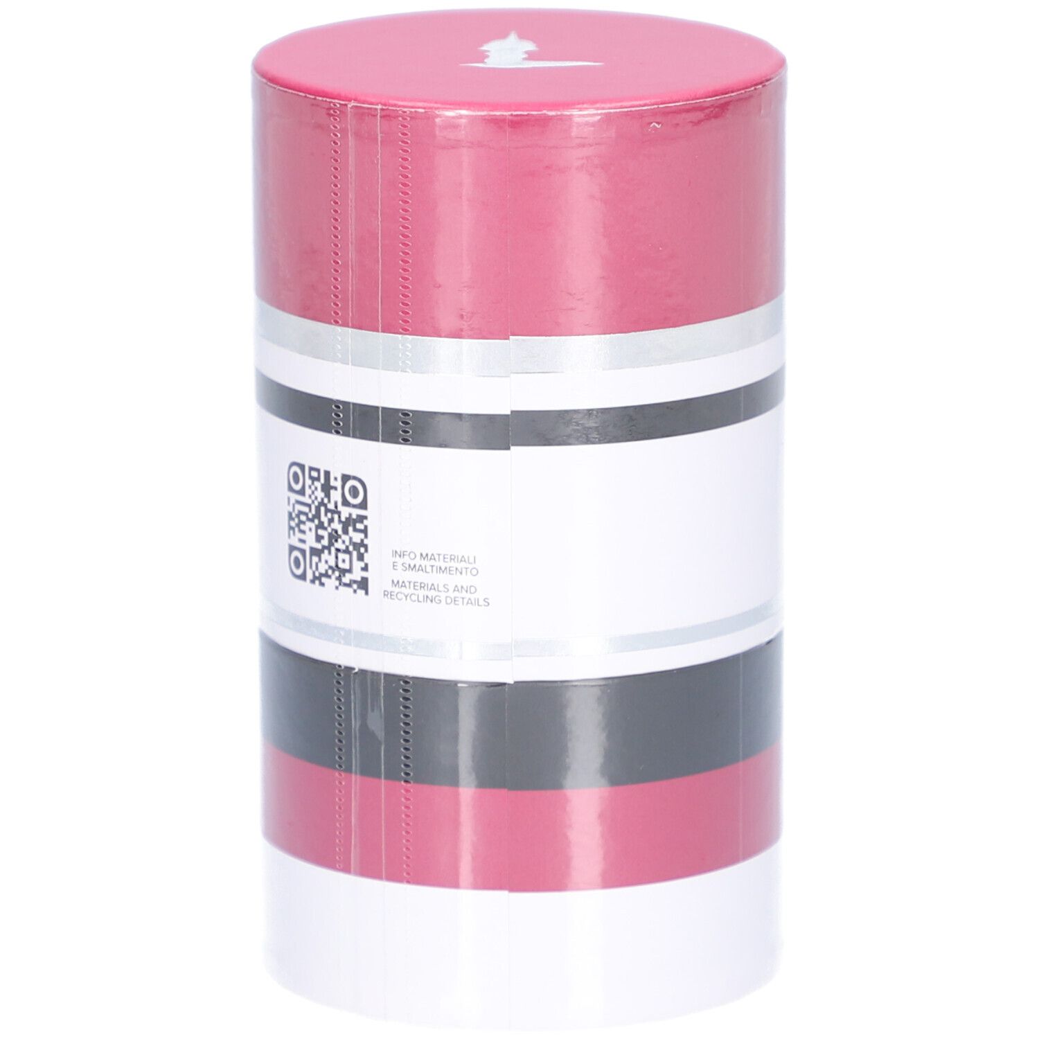 Trussardi Ruby Red Eau de Parfum Naturspray dans un emballage cylindrique avec QR code et rayures rouges/argentées.