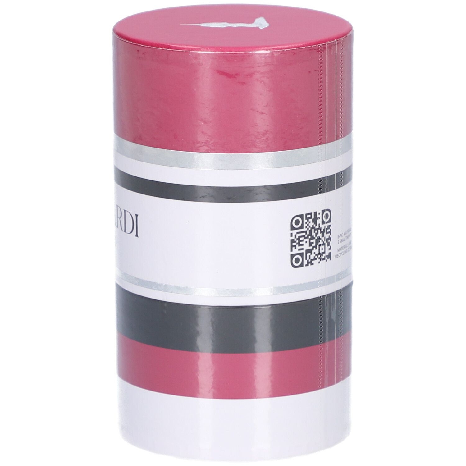 Emballage cylindrique. Trussardi Ruby Red. Rouge, noir, argent et blanc. Couvercle avec logo. Texte: Trussardi, Ruby Red.