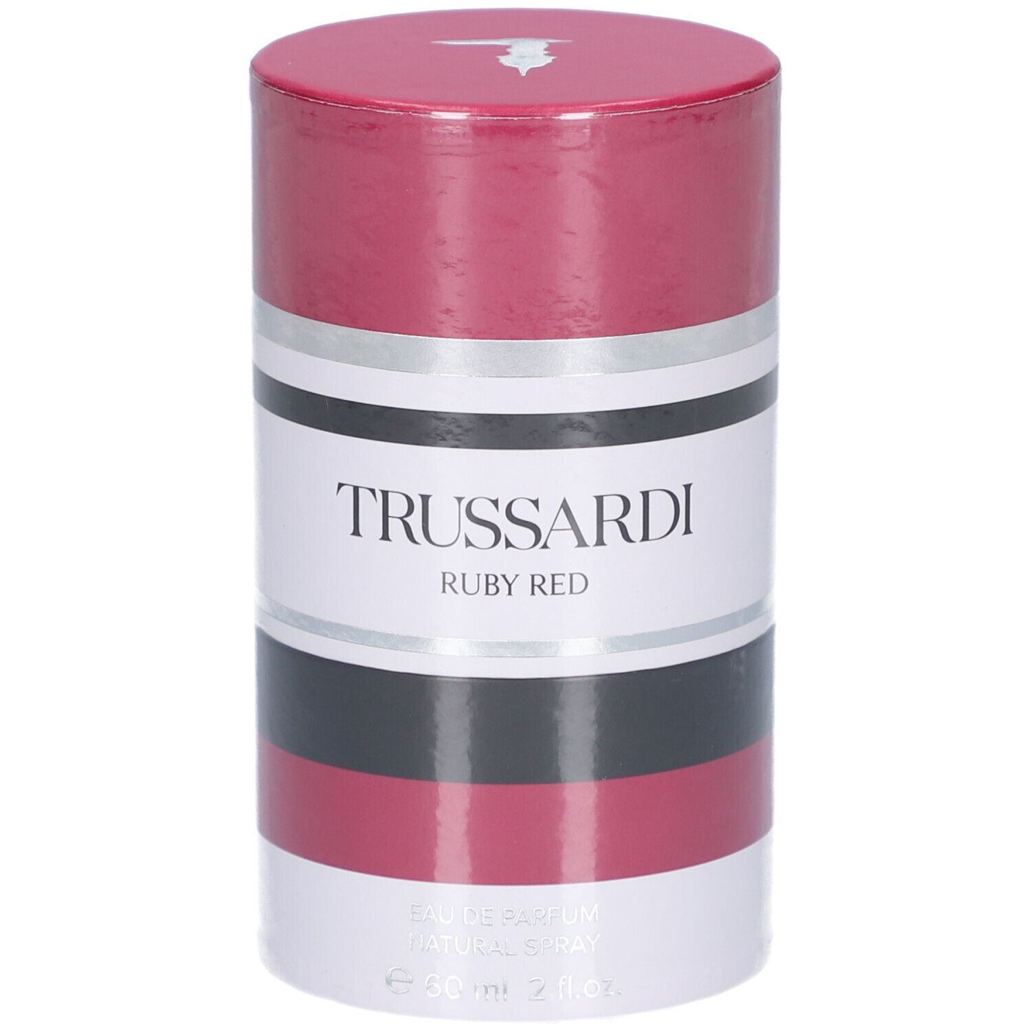 Emballage cylindrique. Trussardi Ruby Red. Rouge, noir, argent et blanc. Couvercle avec logo. Texte: Trussardi, Ruby Red.