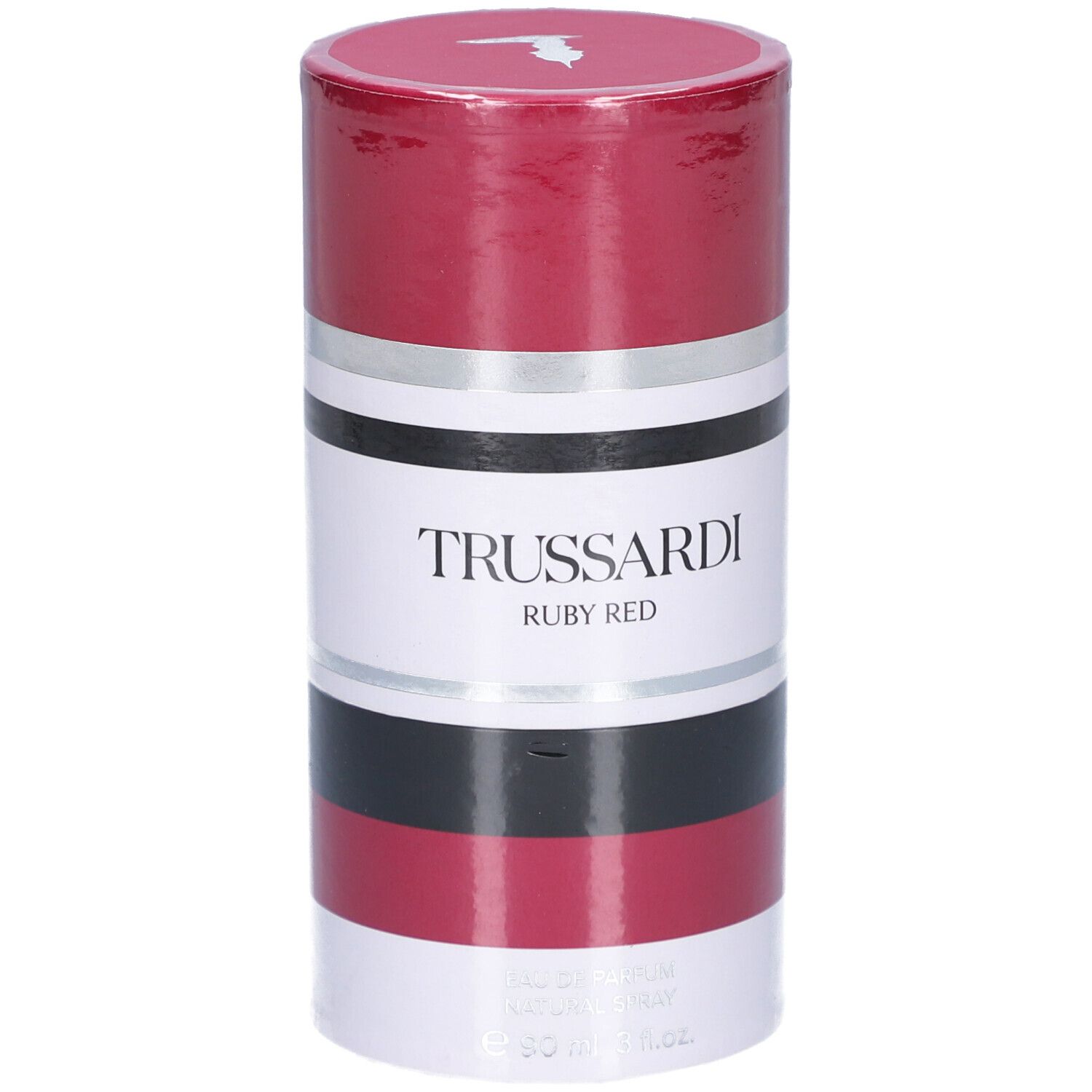 Verpakking Trussardi Ruby Red EdP, cilindrisch, rood-wit-zilver-zwart gestreept.