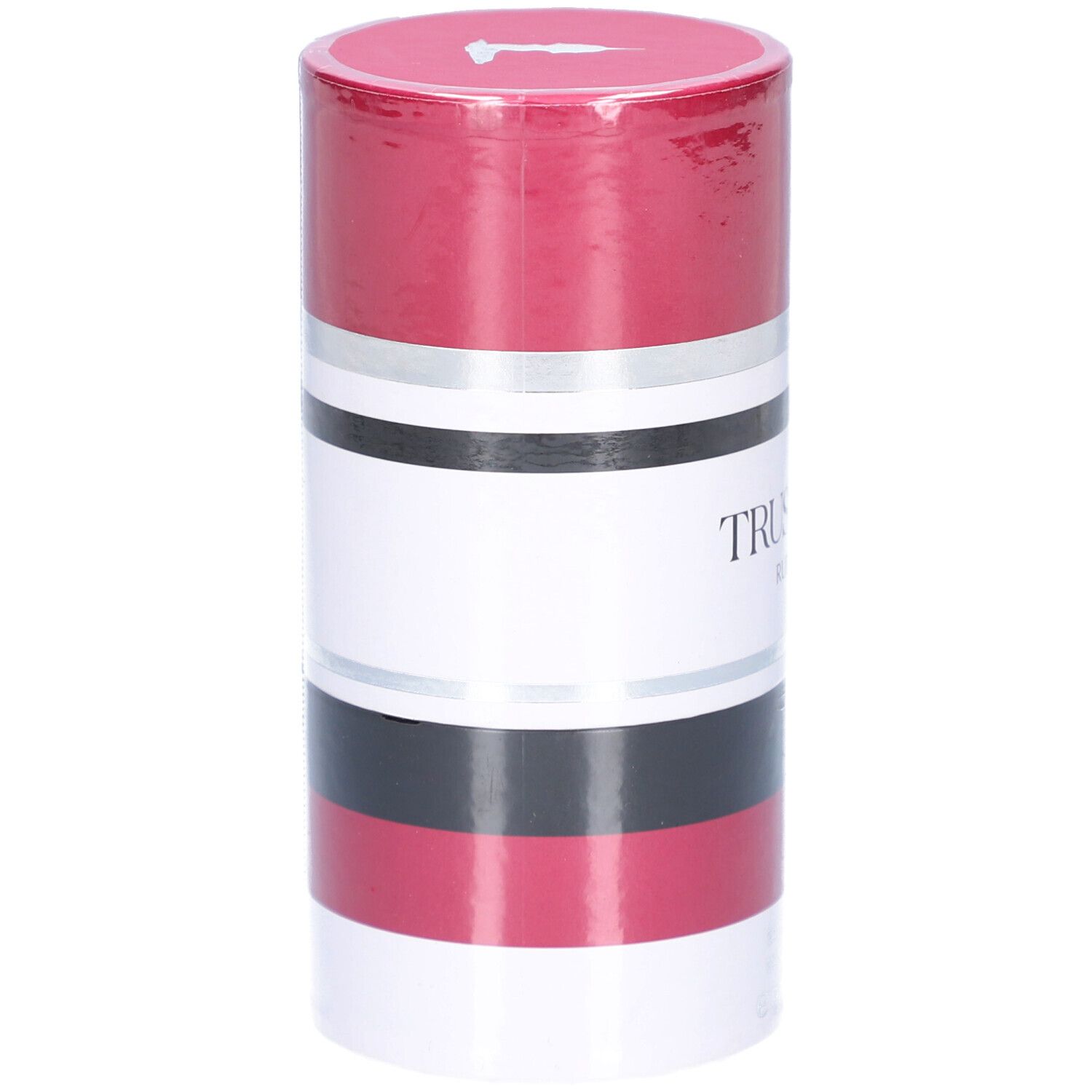 Verpakking Trussardi Ruby Red EdP, cilindrisch, rood-wit-zilver-zwart gestreept.