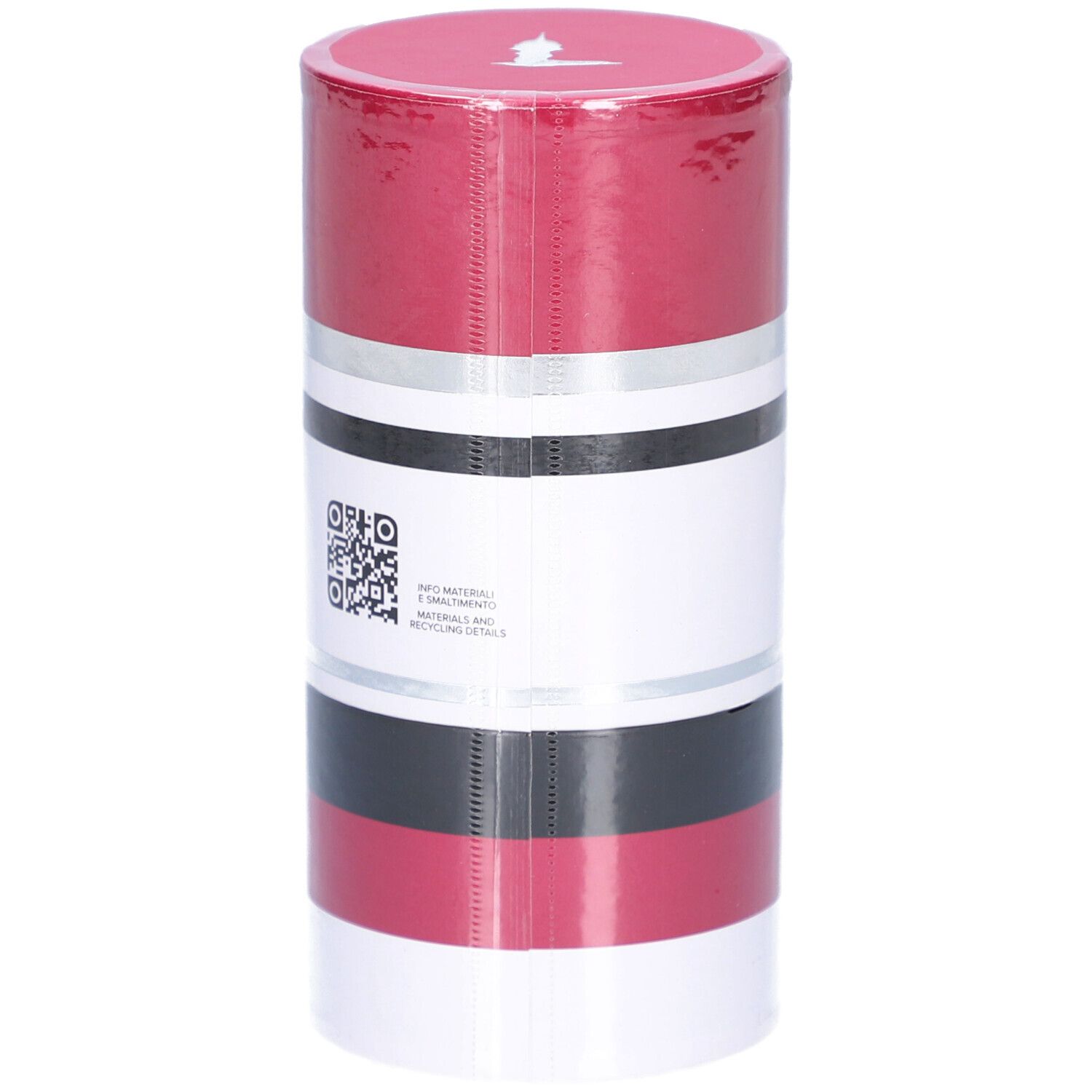 Verpakking Trussardi Ruby Red EdP, cilindrisch, rood-wit-zilver-zwart gestreept.