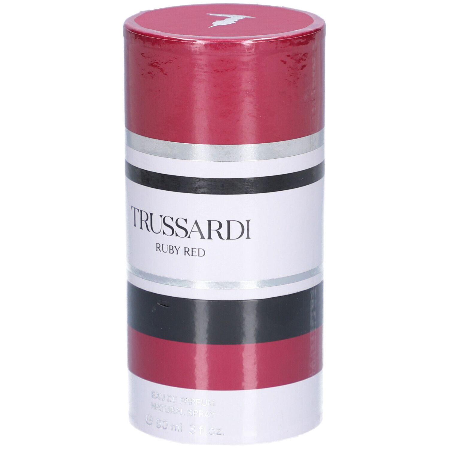 Cilindrische verpakking. Rood, wit, zwart en zilver. Tekst: TRUSSARDI RUBY RED.