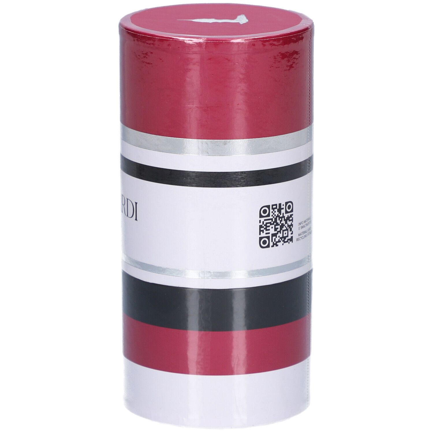 Cilindrische verpakking. Rood, wit, zwart en zilver. Tekst: TRUSSARDI RUBY RED.