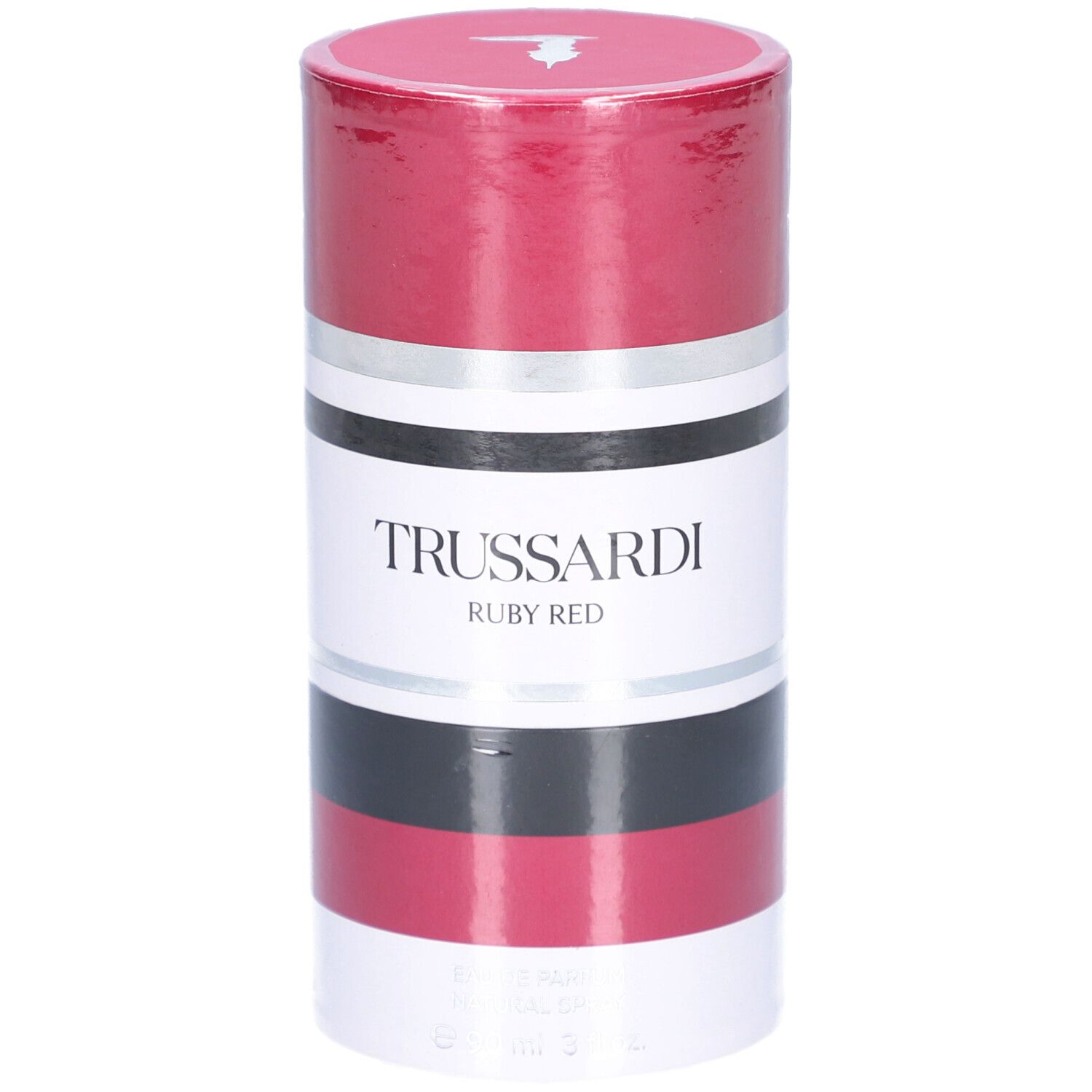 Verpakking Trussardi Ruby Red EdP, cilindrisch, rood-wit-zilver-zwart gestreept.