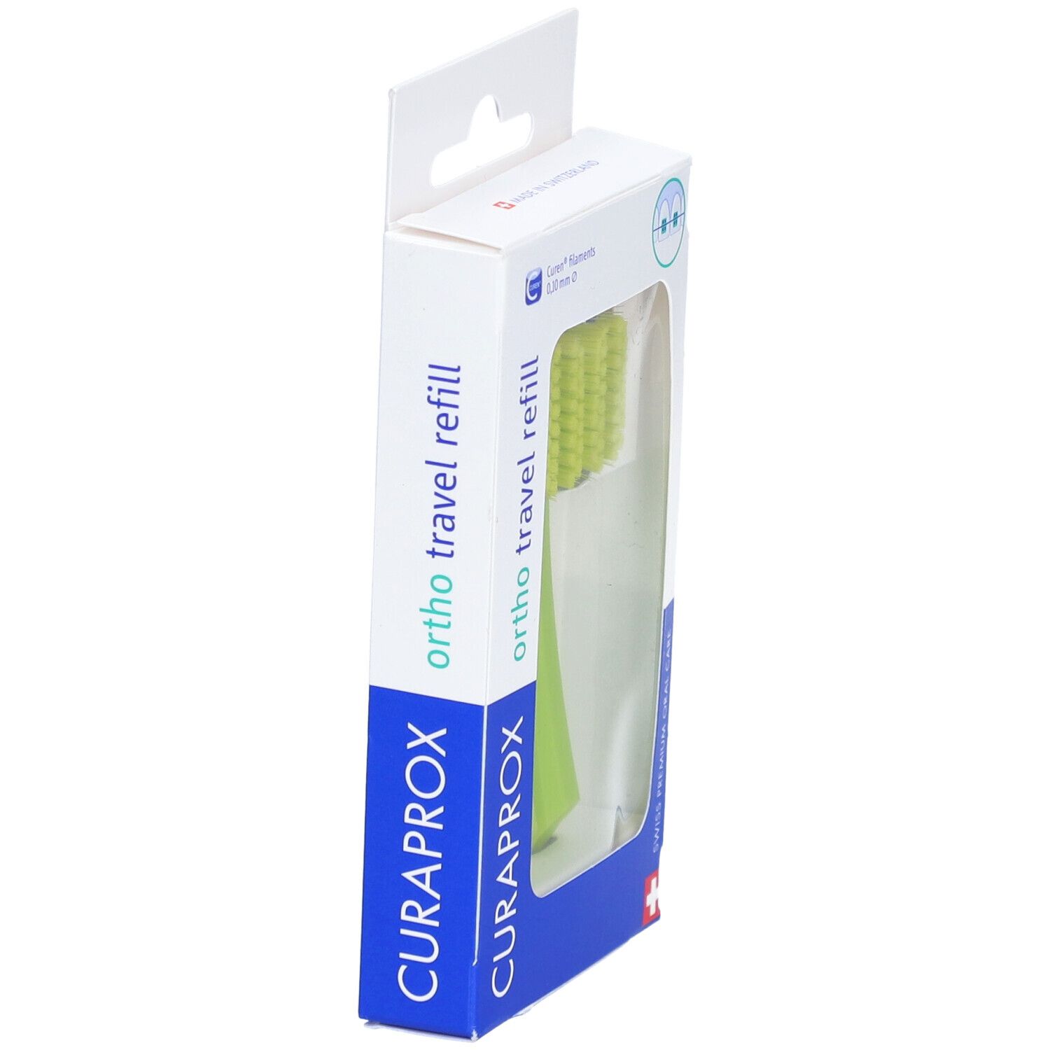 Verpakking met een groene opzetborstel. "CURAPROX" en "ortho travel refill" zijn zichtbaar.